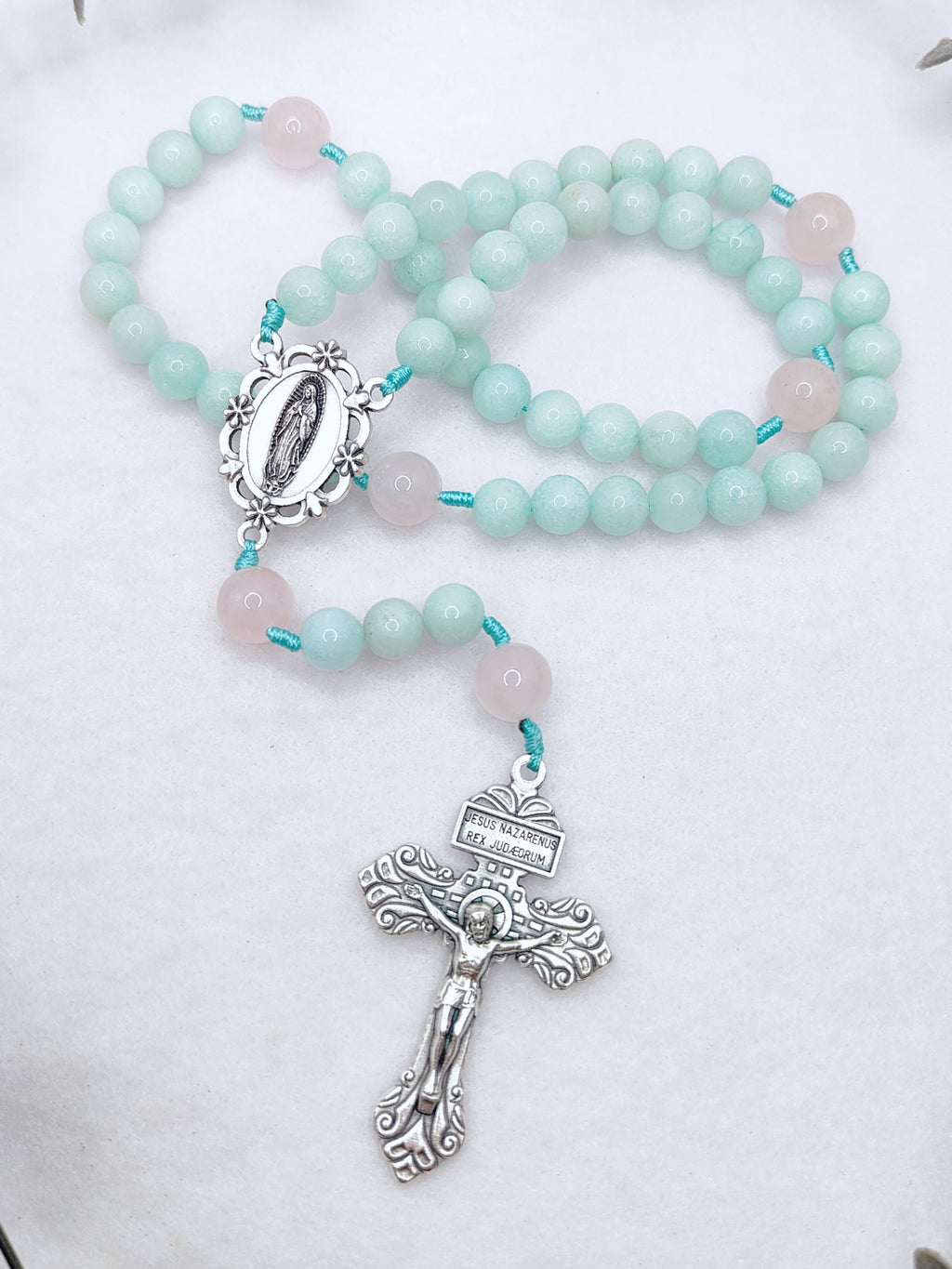 Our Lady of Guadalupe Healing Amazonite & Rose Quartz Rosary