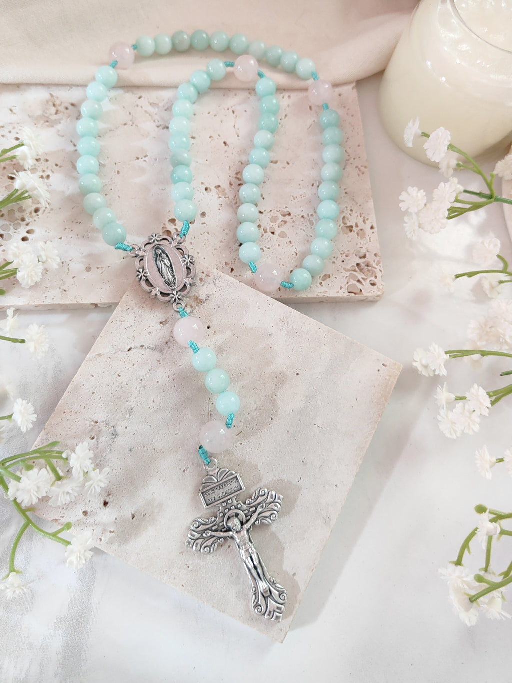 Our Lady of Guadalupe Healing Amazonite & Rose Quartz Rosary