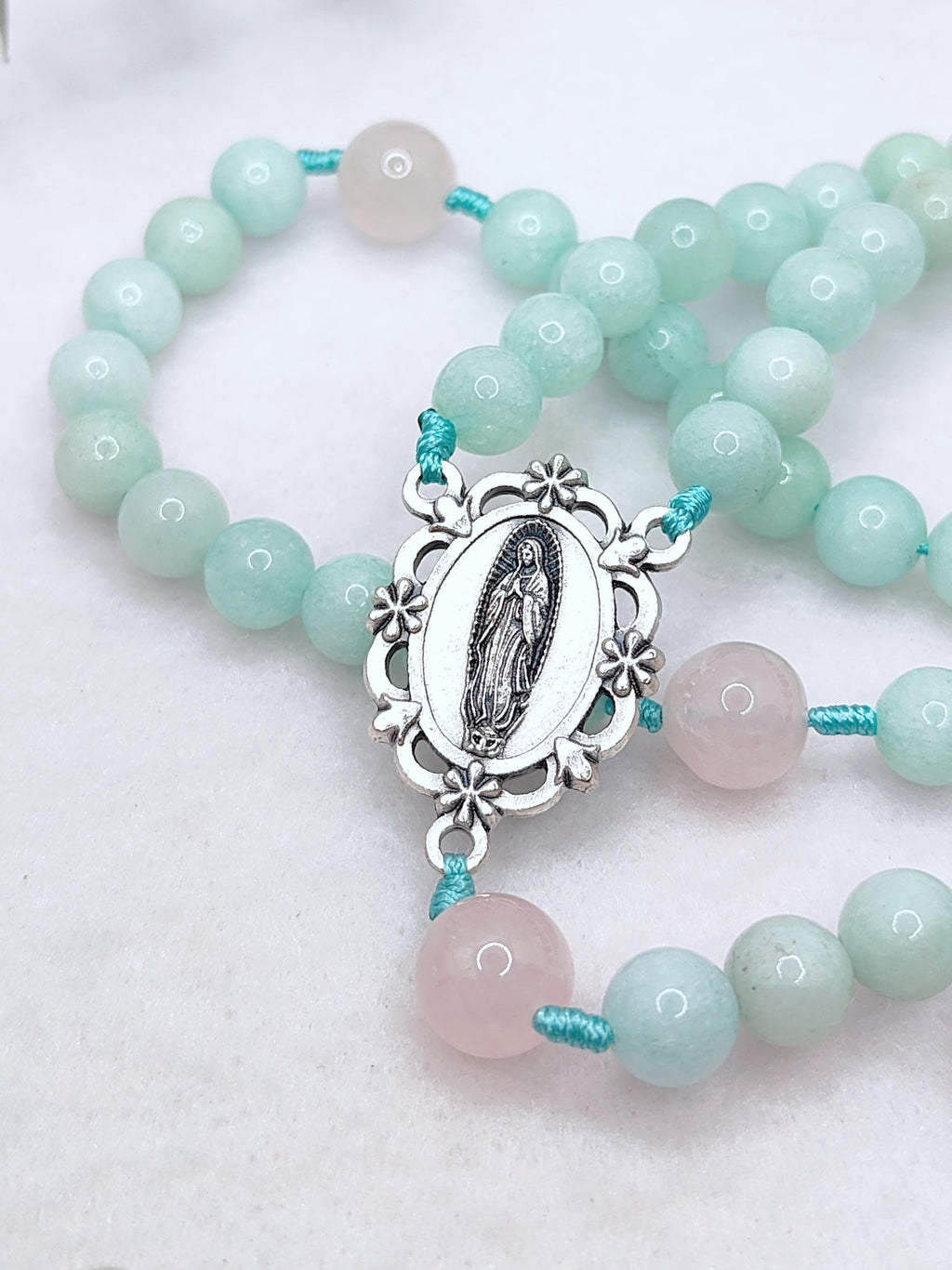Our Lady of Guadalupe Healing Amazonite & Rose Quartz Rosary