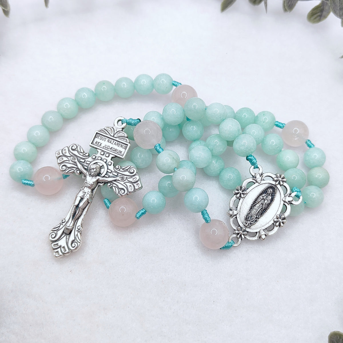 Our Lady of Guadalupe Healing Amazonite & Rose Quartz Rosary