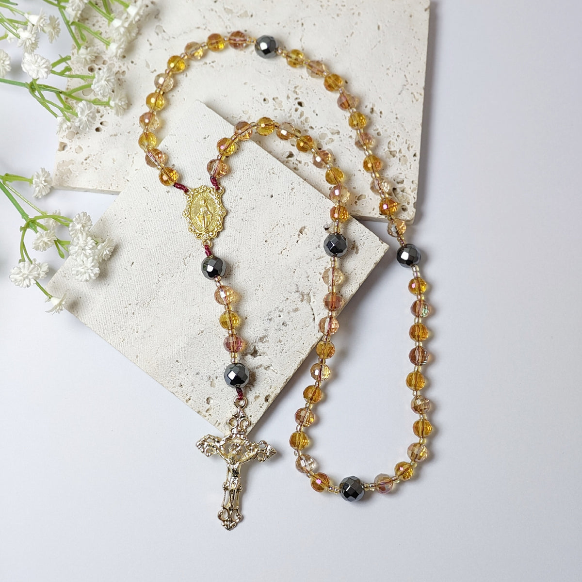 Amber & Gold Crystal with Black Hematite Rosary