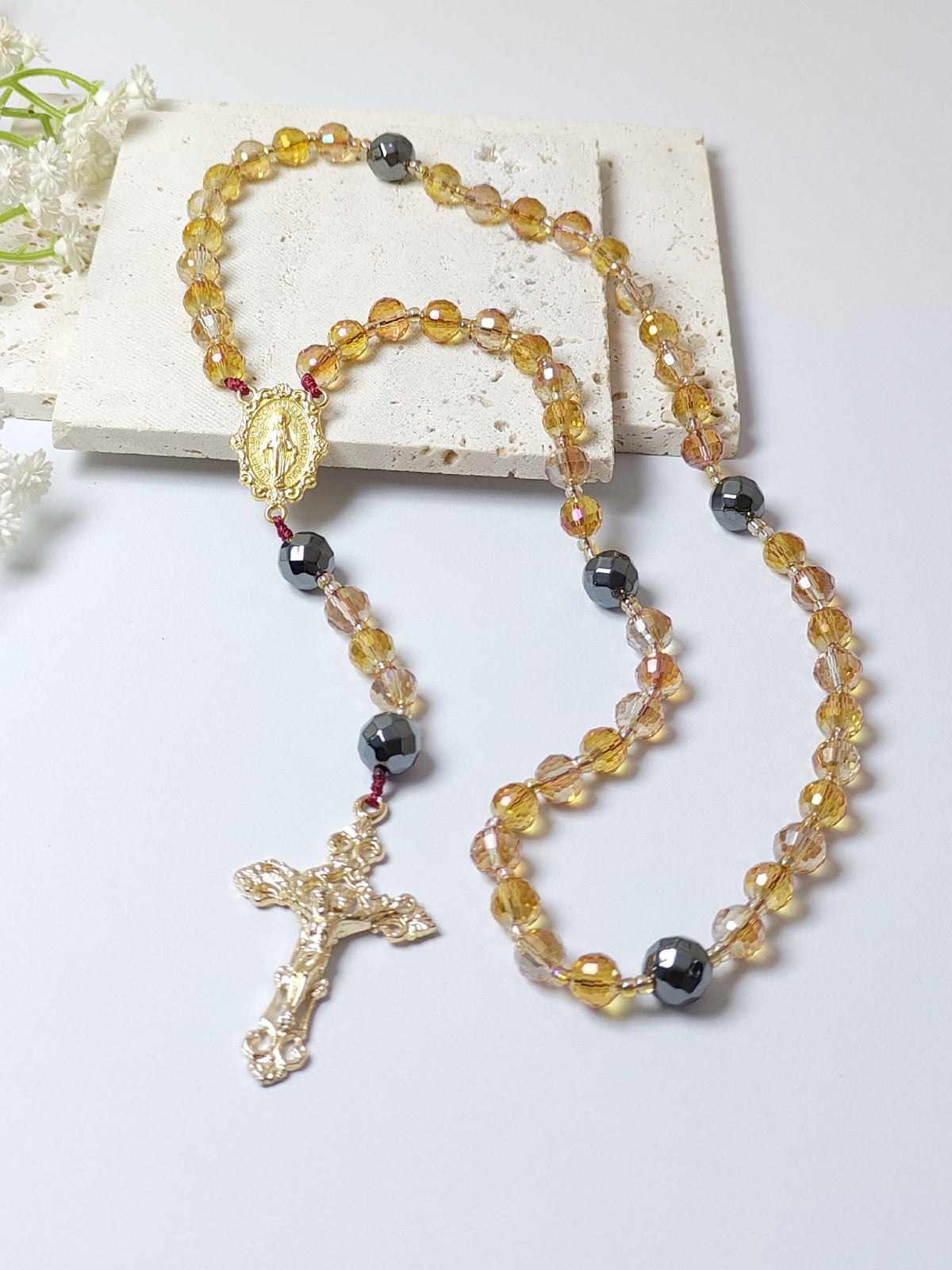 Amber & Gold Crystal with Black Hematite Rosary
