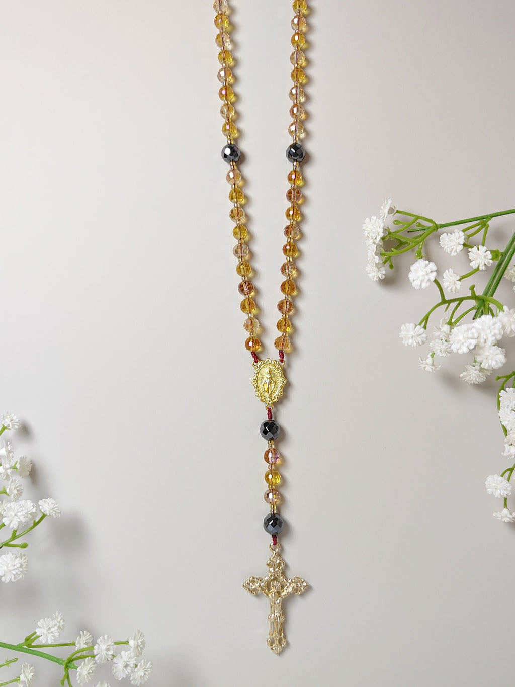 Amber & Gold Crystal with Black Hematite Rosary