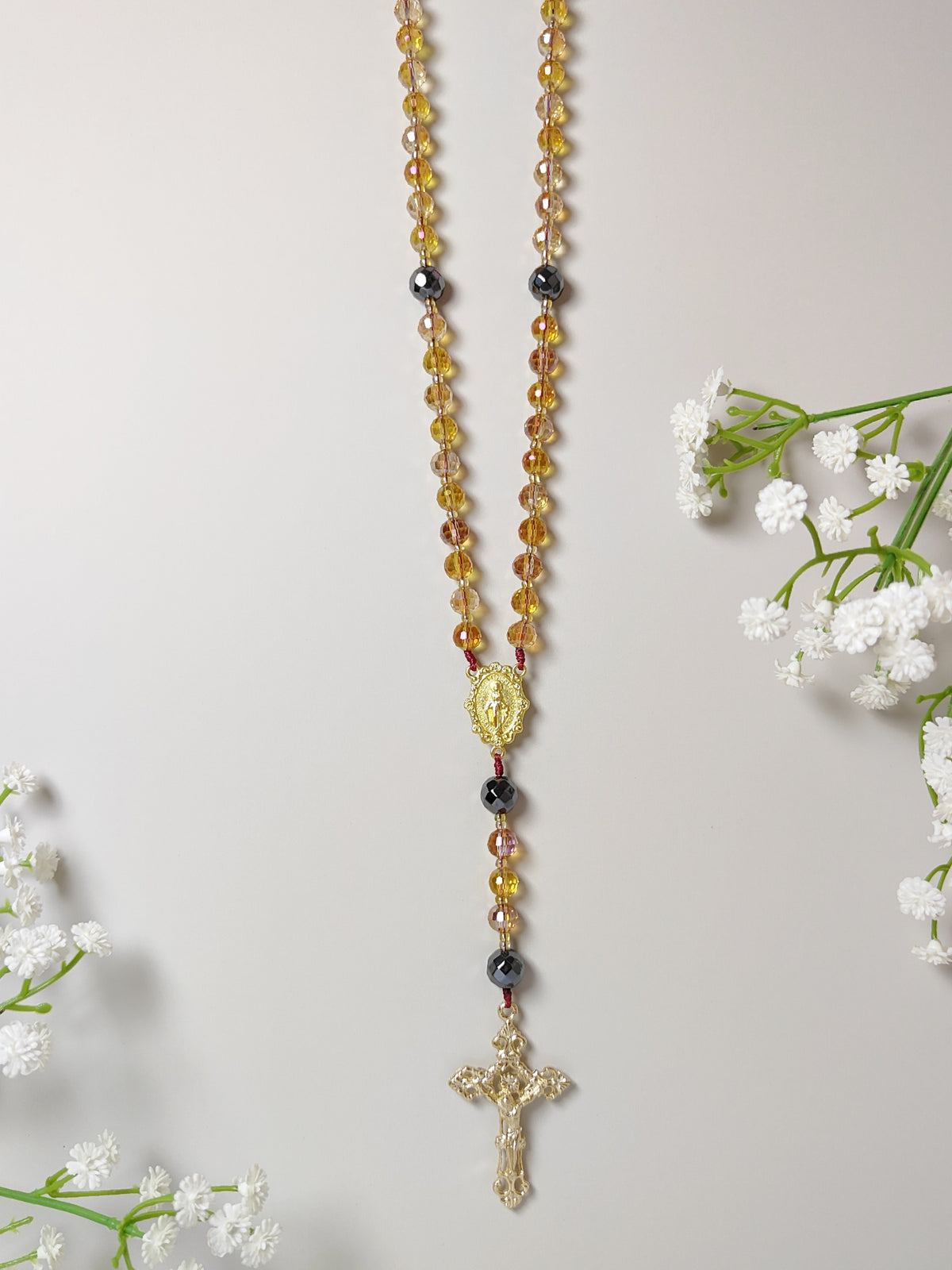 Amber & Gold Crystal with Black Hematite Rosary