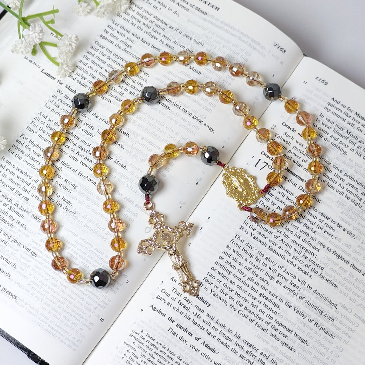 Amber & Gold Crystal with Black Hematite Rosary