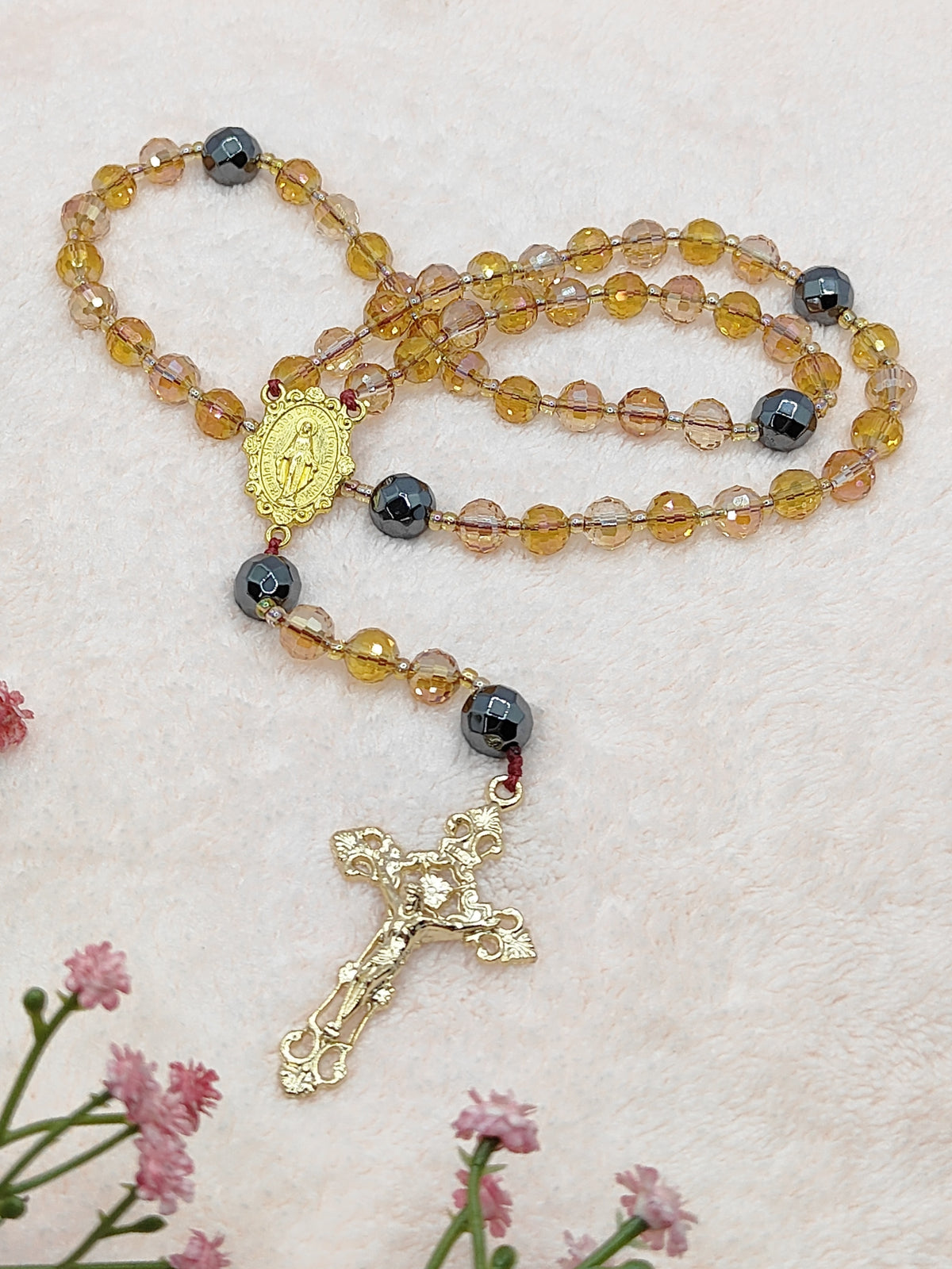 Amber & Gold Crystal with Black Hematite Rosary