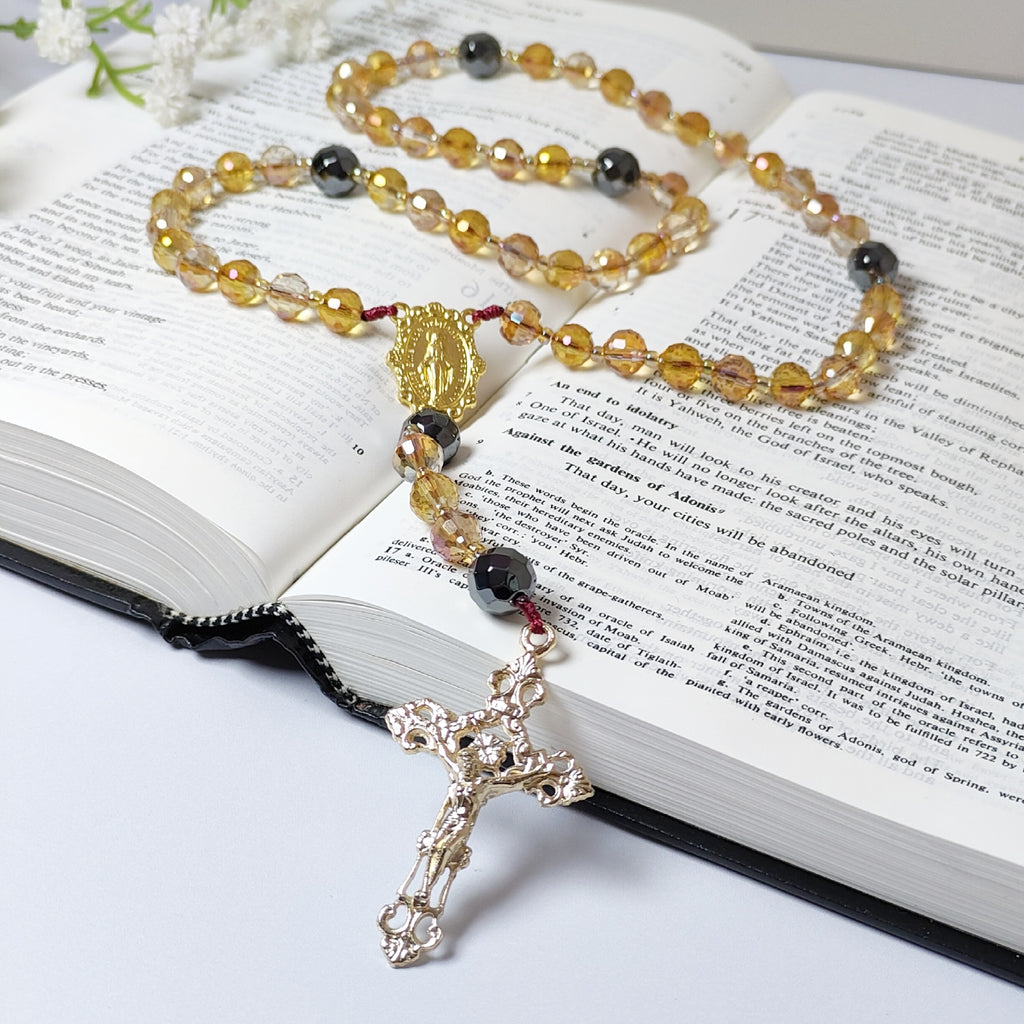 Amber & Gold Crystal with Black Hematite Rosary