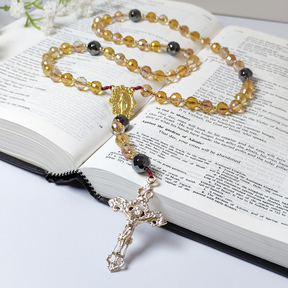 Amber & Gold Crystal with Black Hematite Rosary
