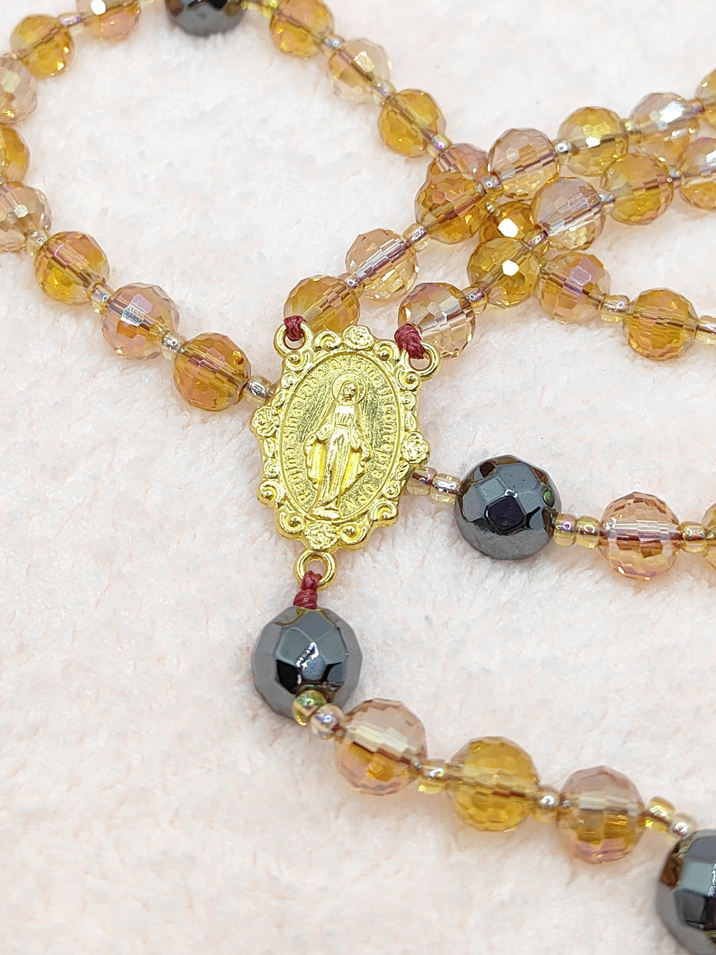 Amber & Gold Crystal with Black Hematite Rosary