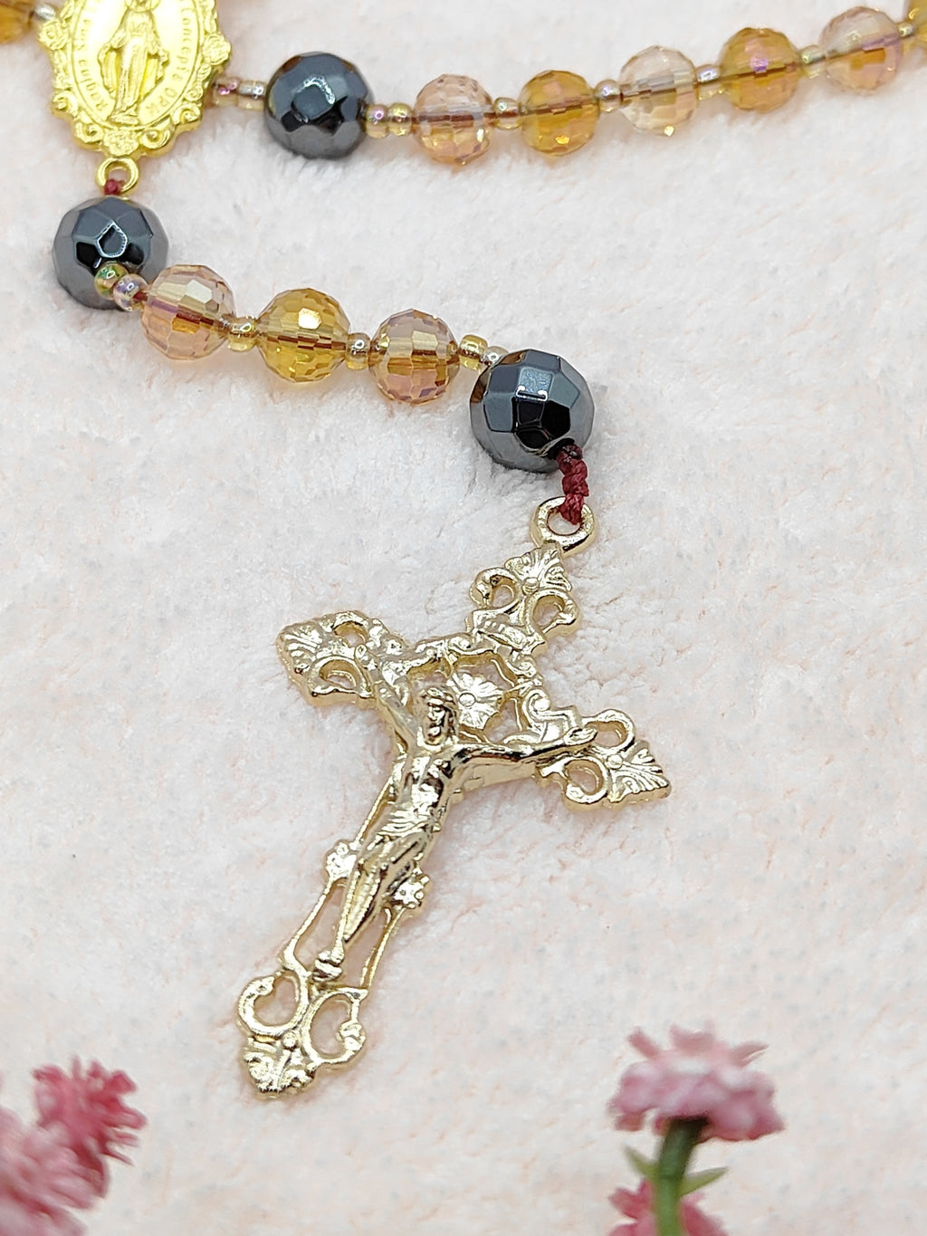 Amber & Gold Crystal with Black Hematite Rosary