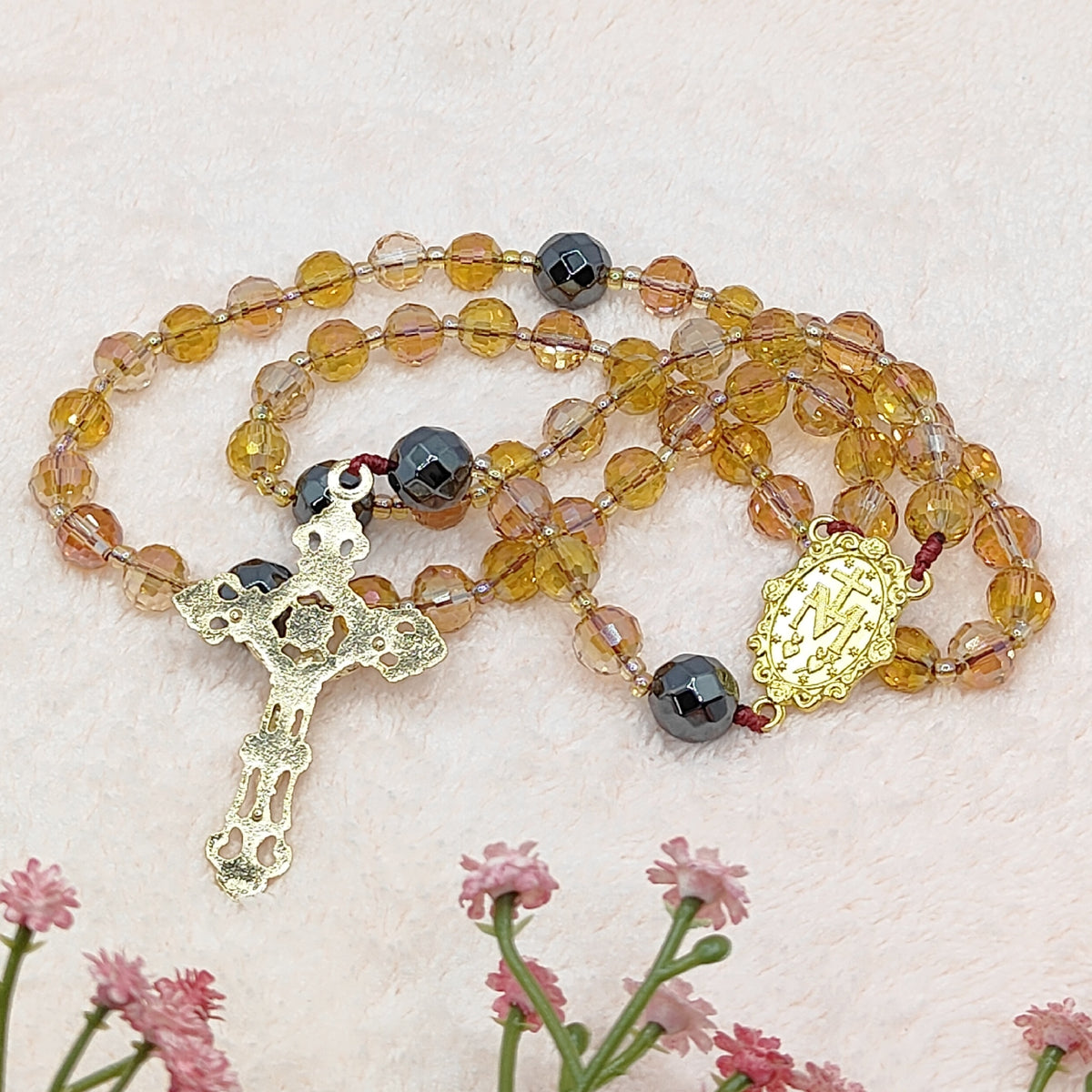 Amber & Gold Crystal with Black Hematite Rosary