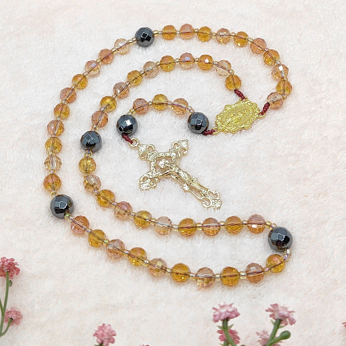 Amber & Gold Crystal with Black Hematite Rosary