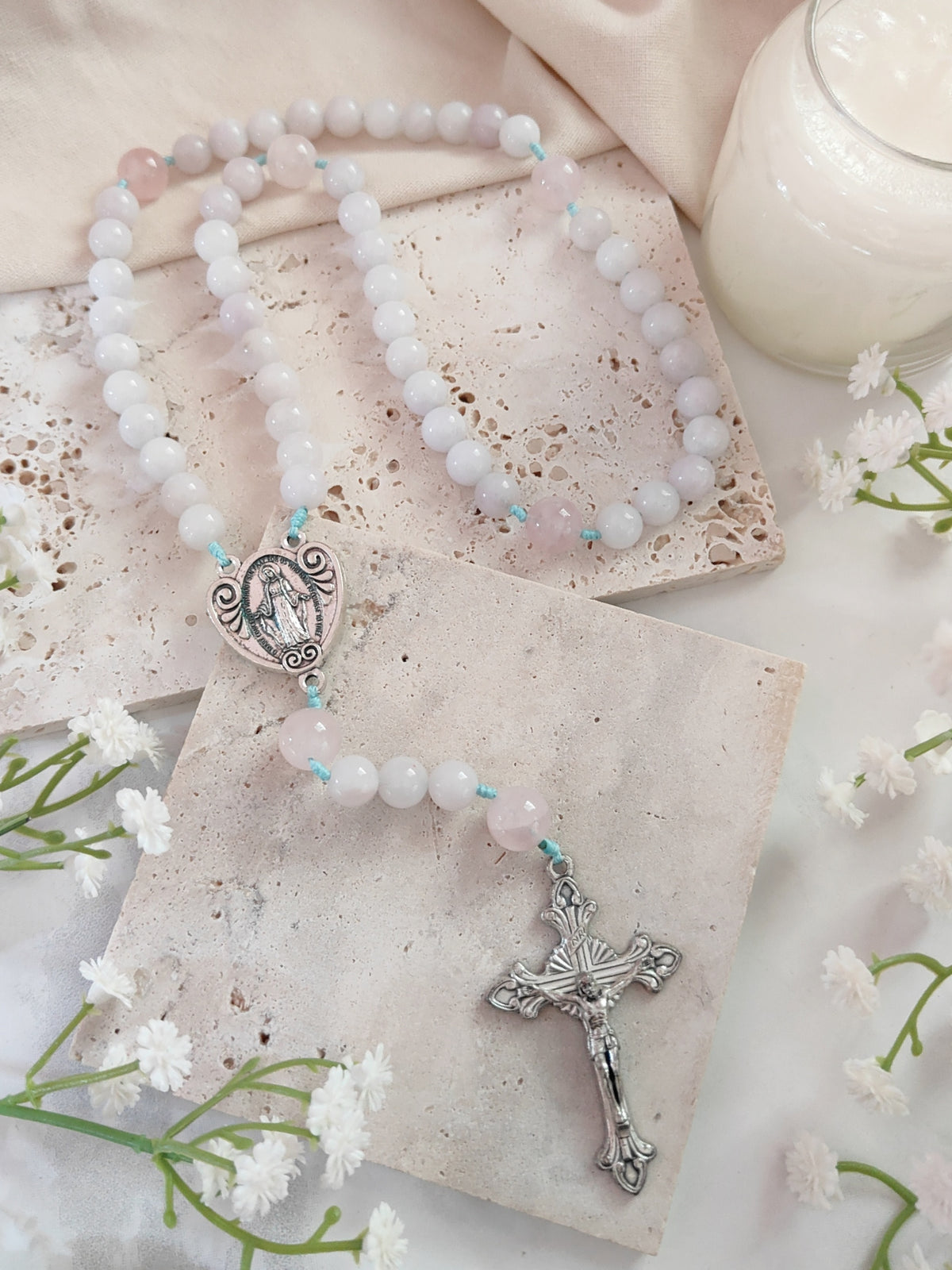 Our Lady of Grace Aquamarine & Rose Quartz Rosary