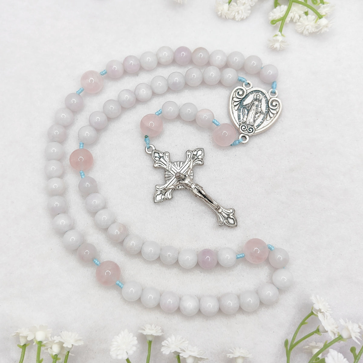Our Lady of Grace Aquamarine & Rose Quartz Rosary