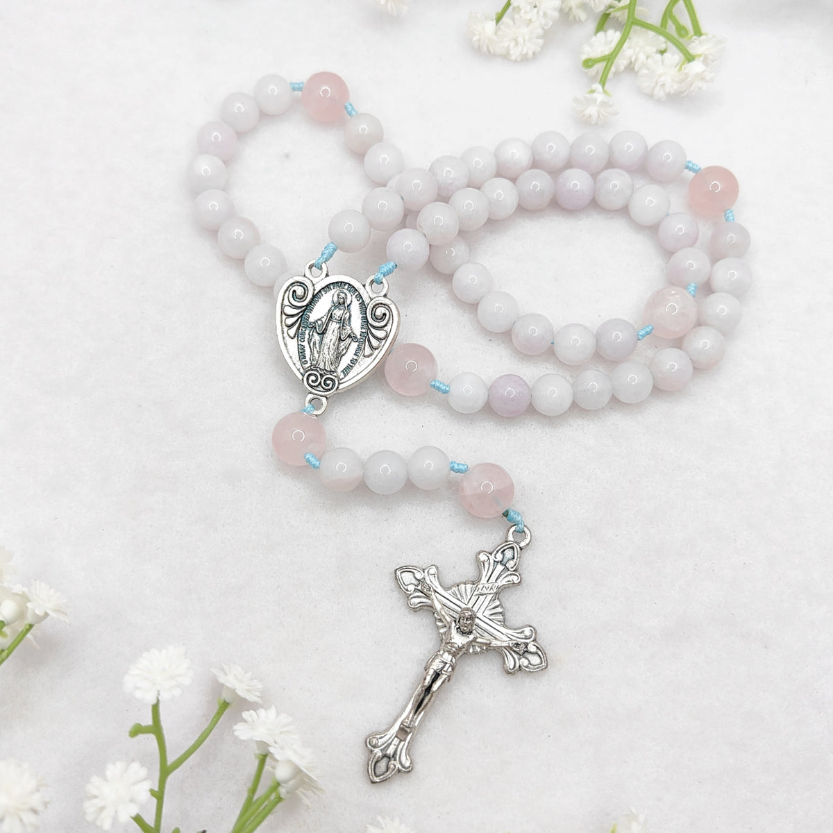 Our Lady of Grace Aquamarine & Rose Quartz Rosary