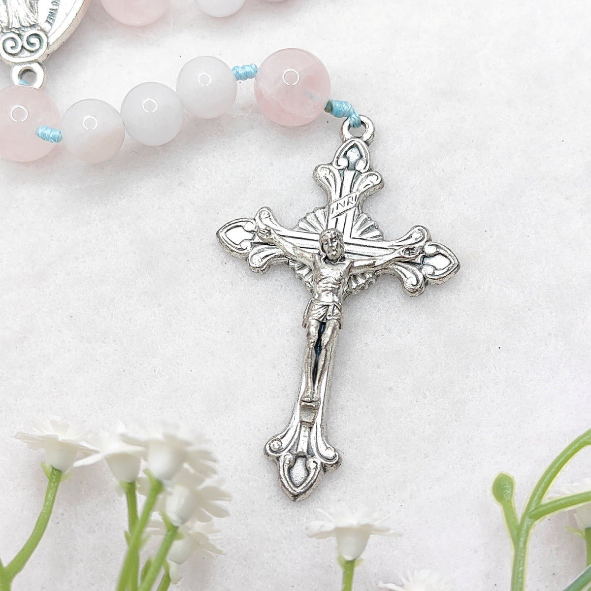 Our Lady of Grace Aquamarine & Rose Quartz Rosary