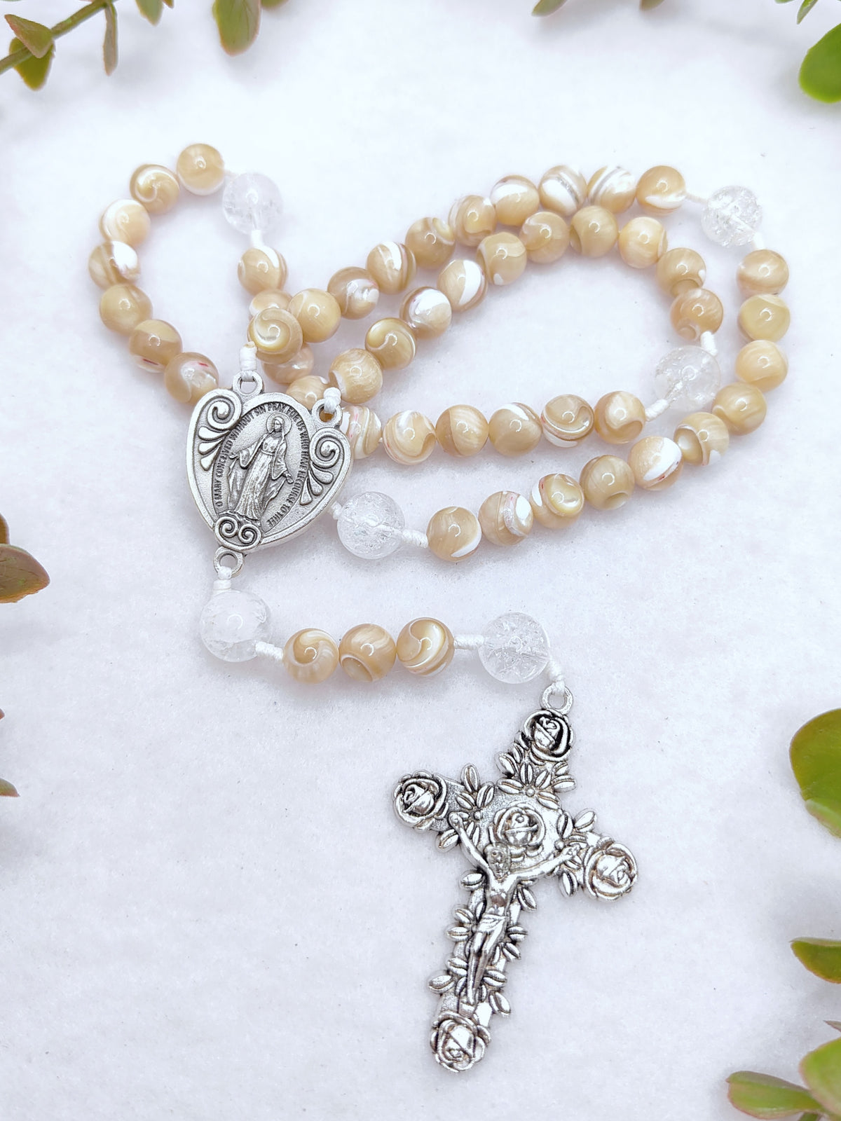 Our Lady of Grace Beige Shell Pearl Rosary