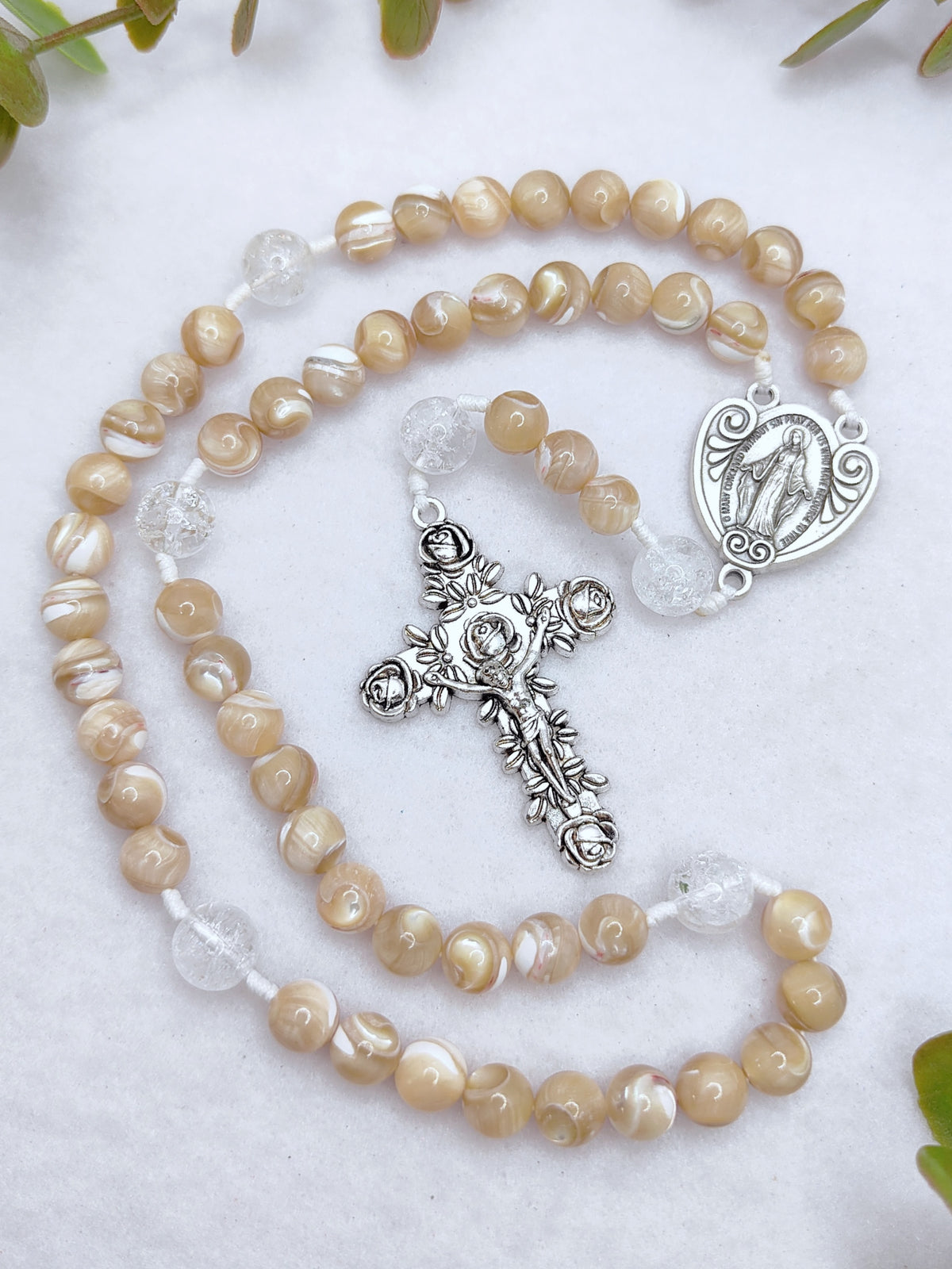 Our Lady of Grace Beige Shell Pearl Rosary