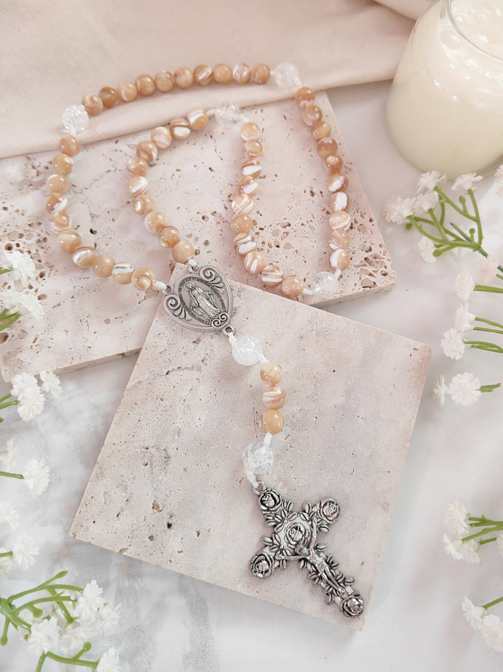 Our Lady of Grace Beige Shell Pearl Rosary