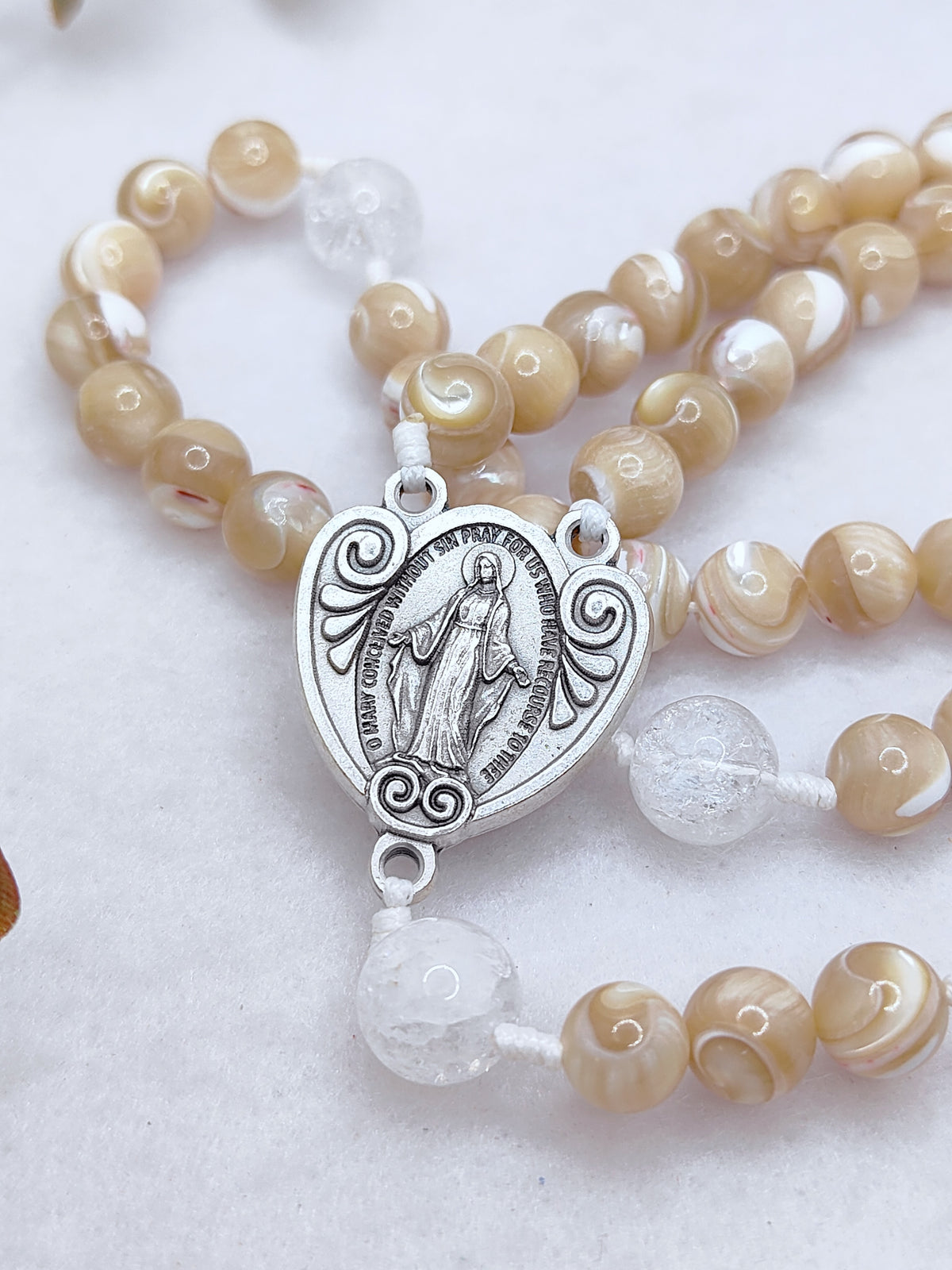 Our Lady of Grace Beige Shell Pearl Rosary