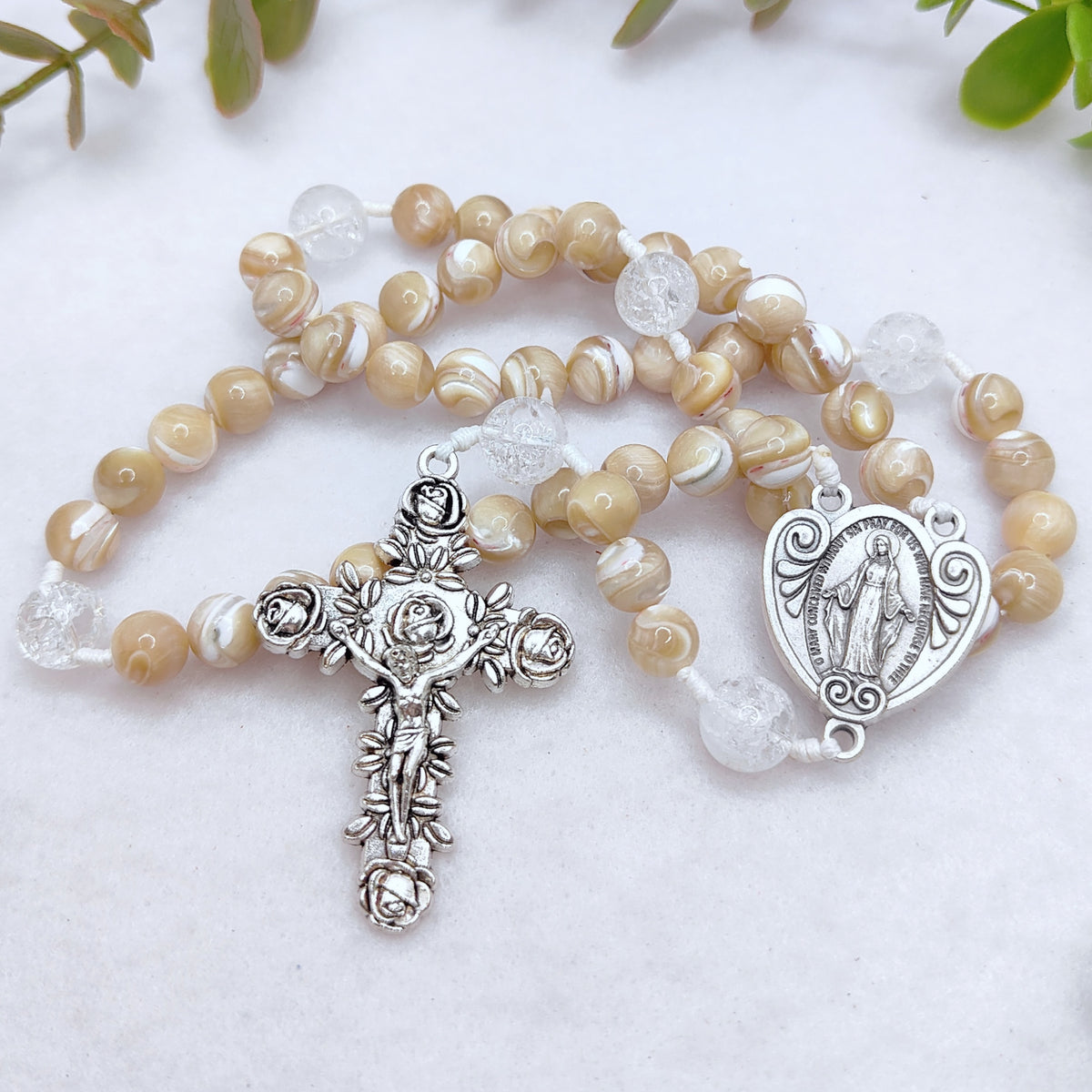 Our Lady of Grace Beige Shell Pearl Rosary