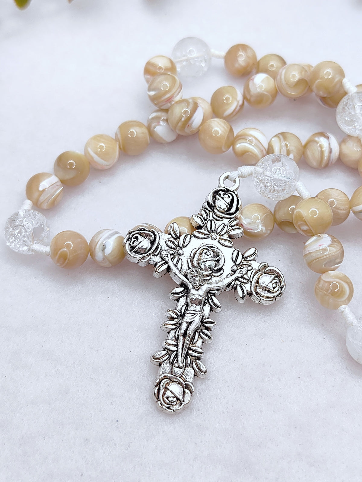 Our Lady of Grace Beige Shell Pearl Rosary