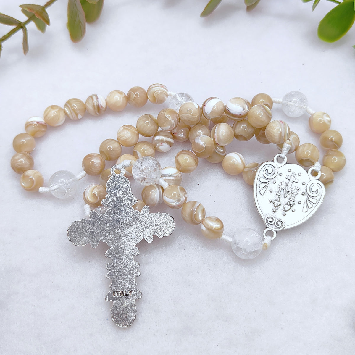Our Lady of Grace Beige Shell Pearl Rosary
