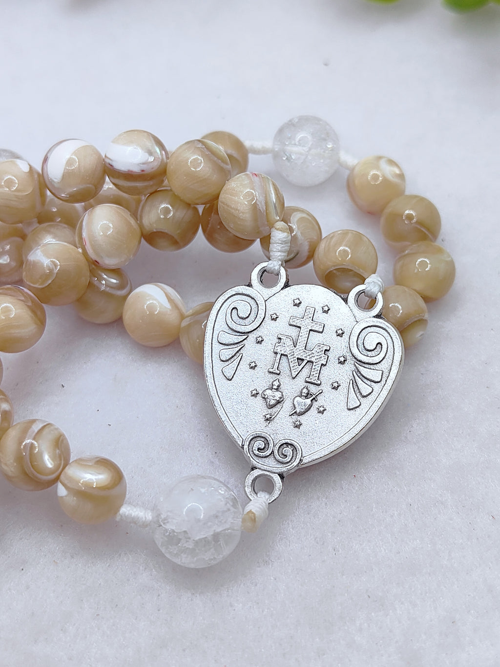 Our Lady of Grace Beige Shell Pearl Rosary
