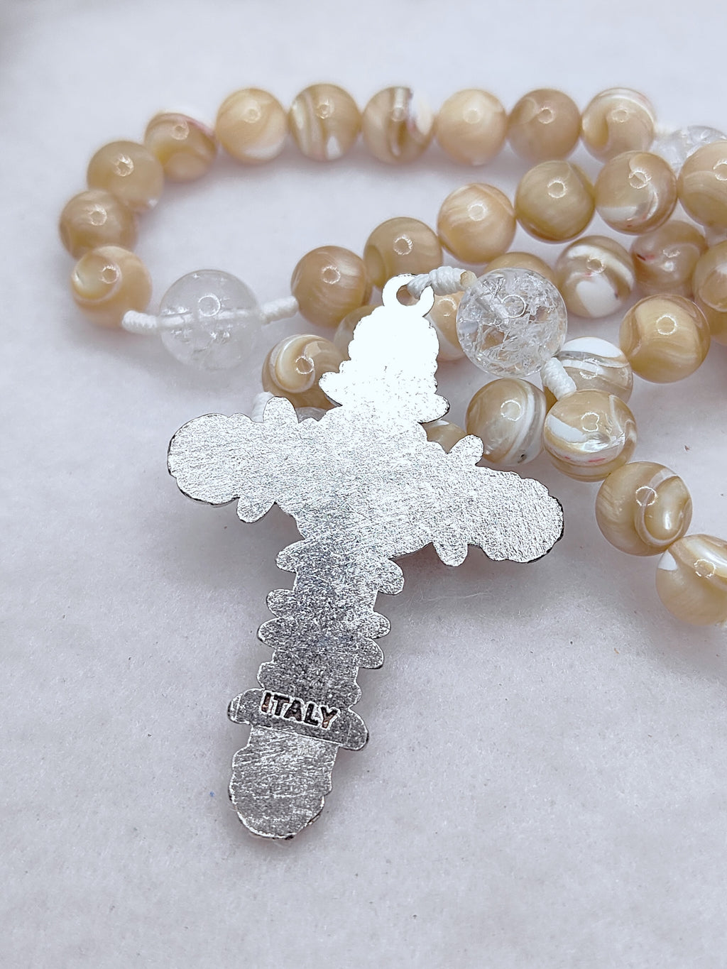 Our Lady of Grace Beige Shell Pearl Rosary