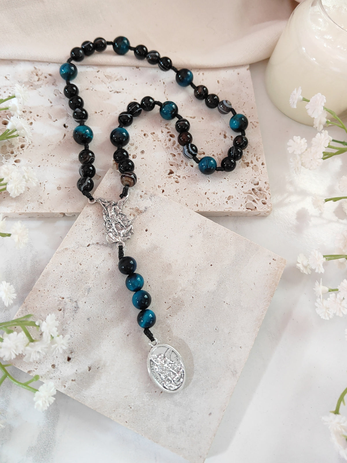 Chaplet of St Michael Heavenly Guardian Black Agate & Tiger Eye Rosary