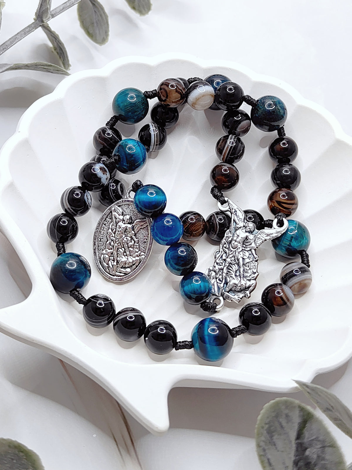 Chaplet of St Michael Heavenly Guardian Black Agate & Tiger Eye Rosary