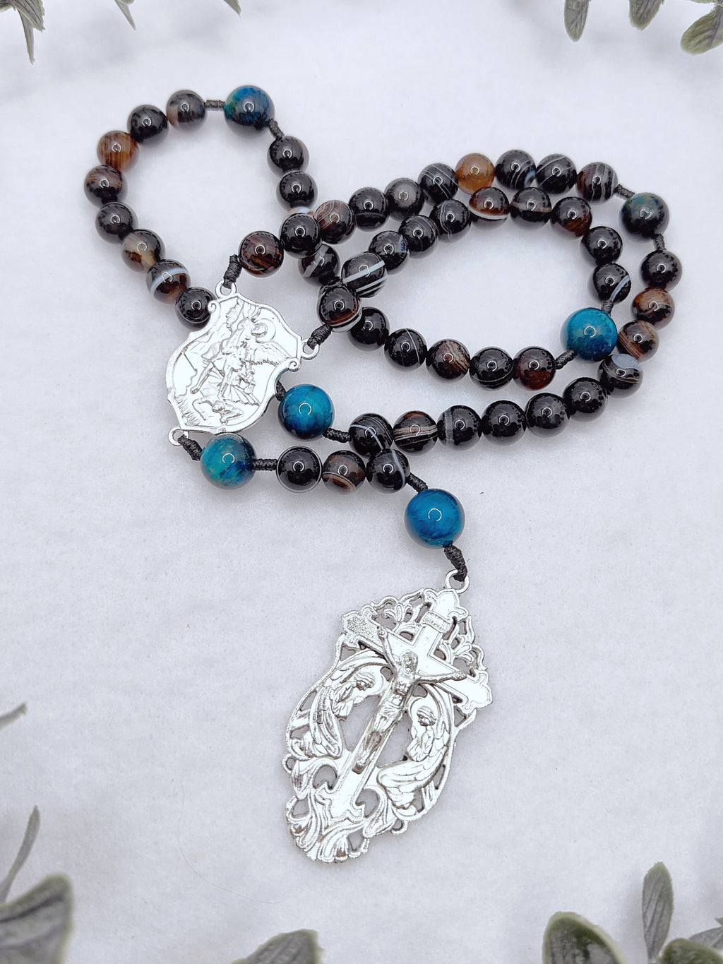 St Michael Celestial Protector Black Agate & Tiger Eye Rosary