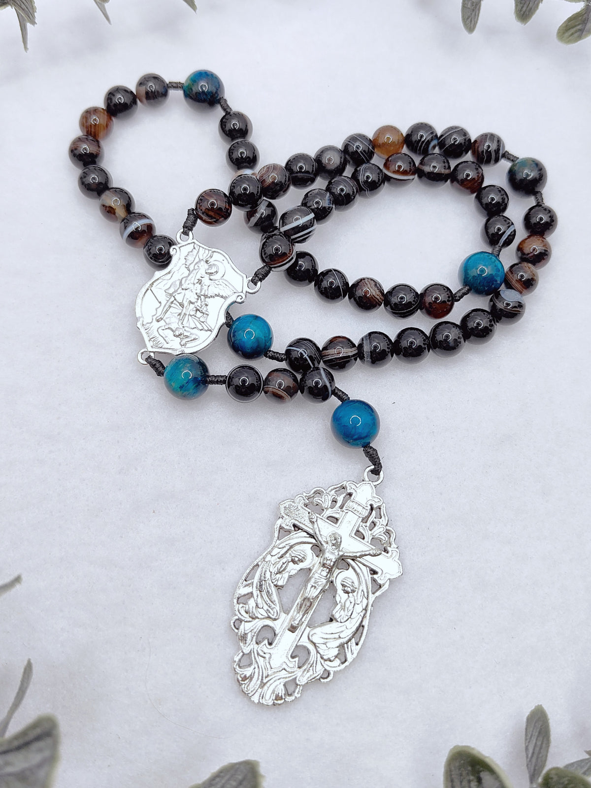 St Michael Celestial Protector Black Agate & Tiger Eye Rosary