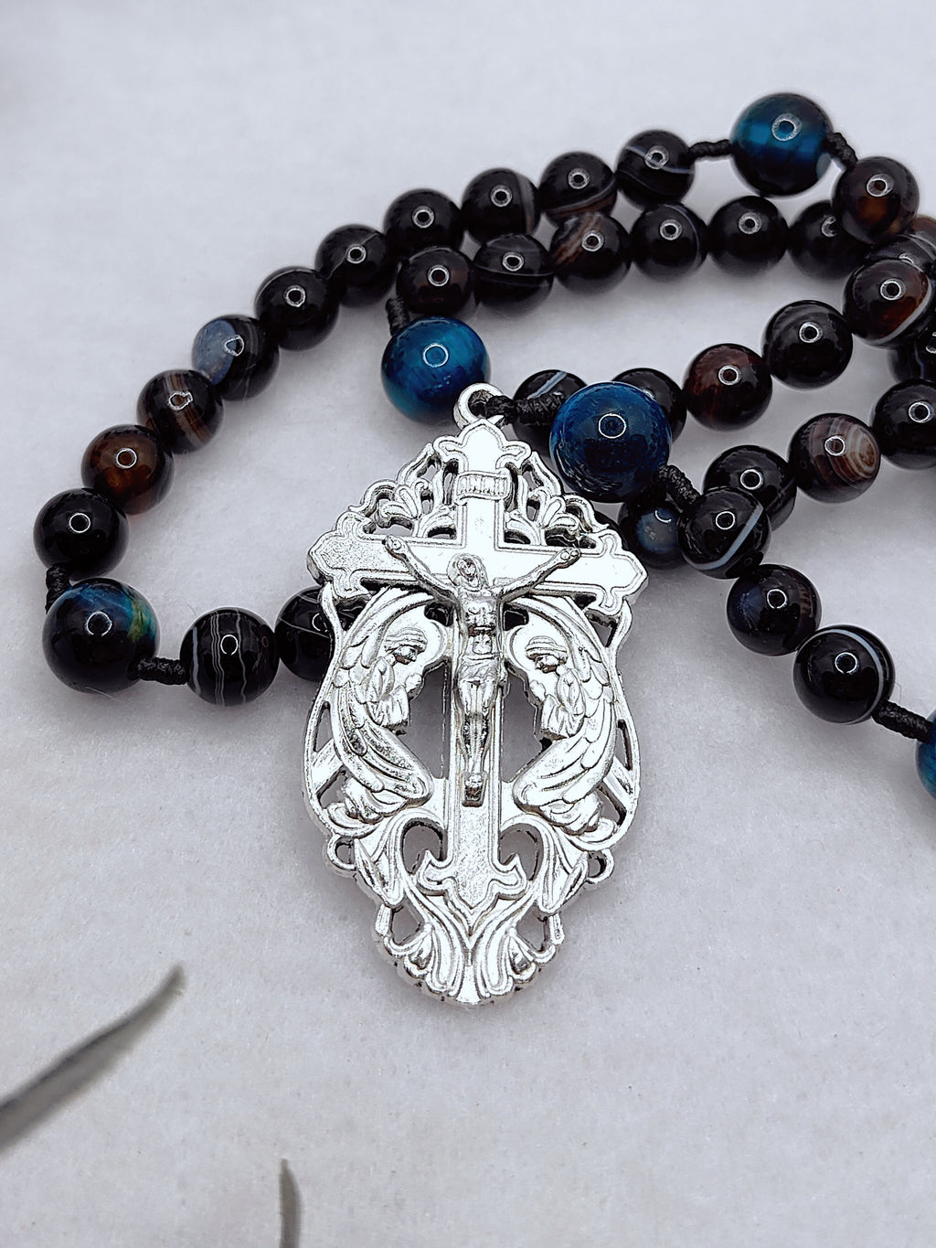 St Michael Celestial Protector Black Agate & Tiger Eye Rosary