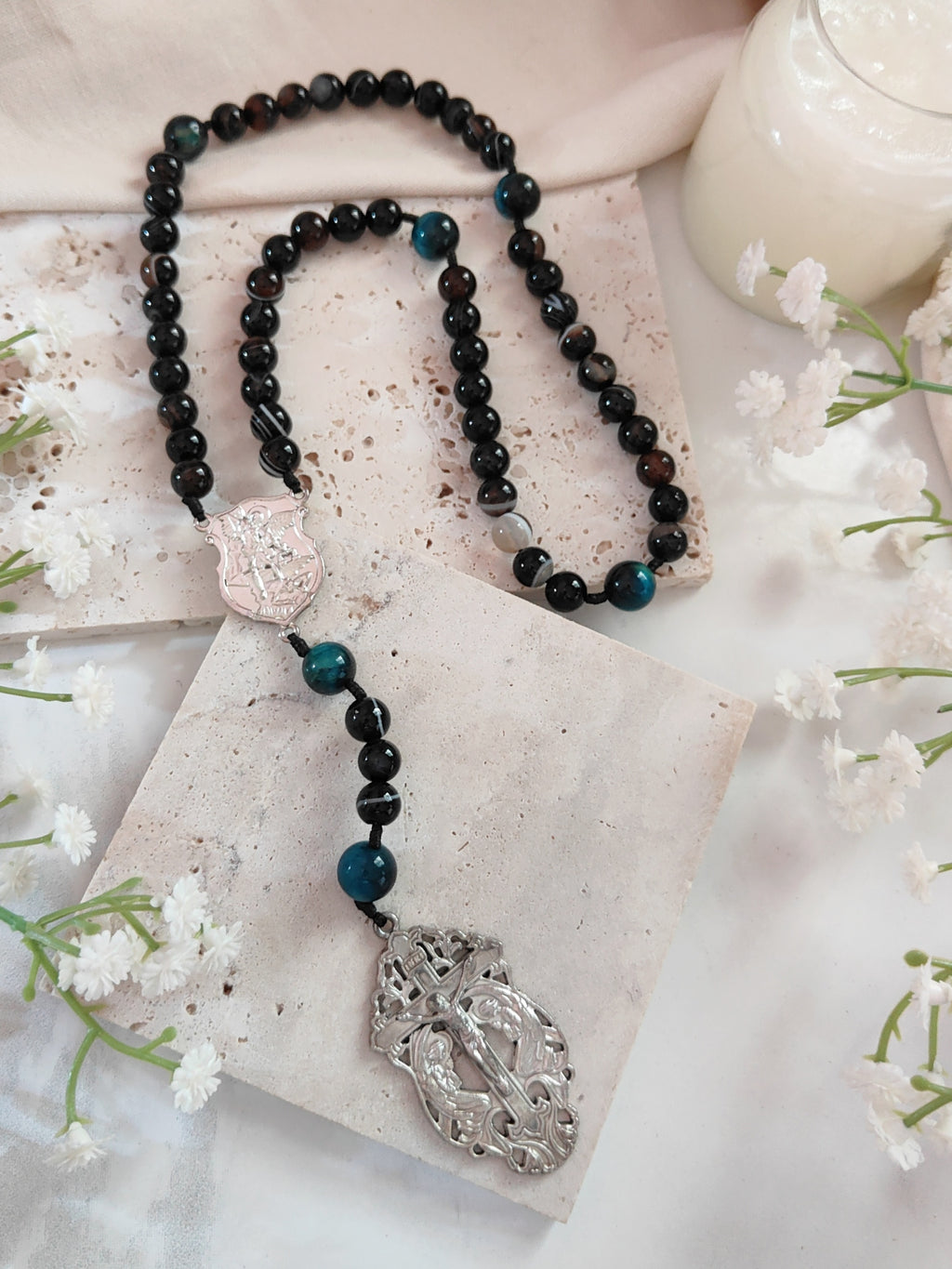St Michael Celestial Protector Black Agate & Tiger Eye Rosary