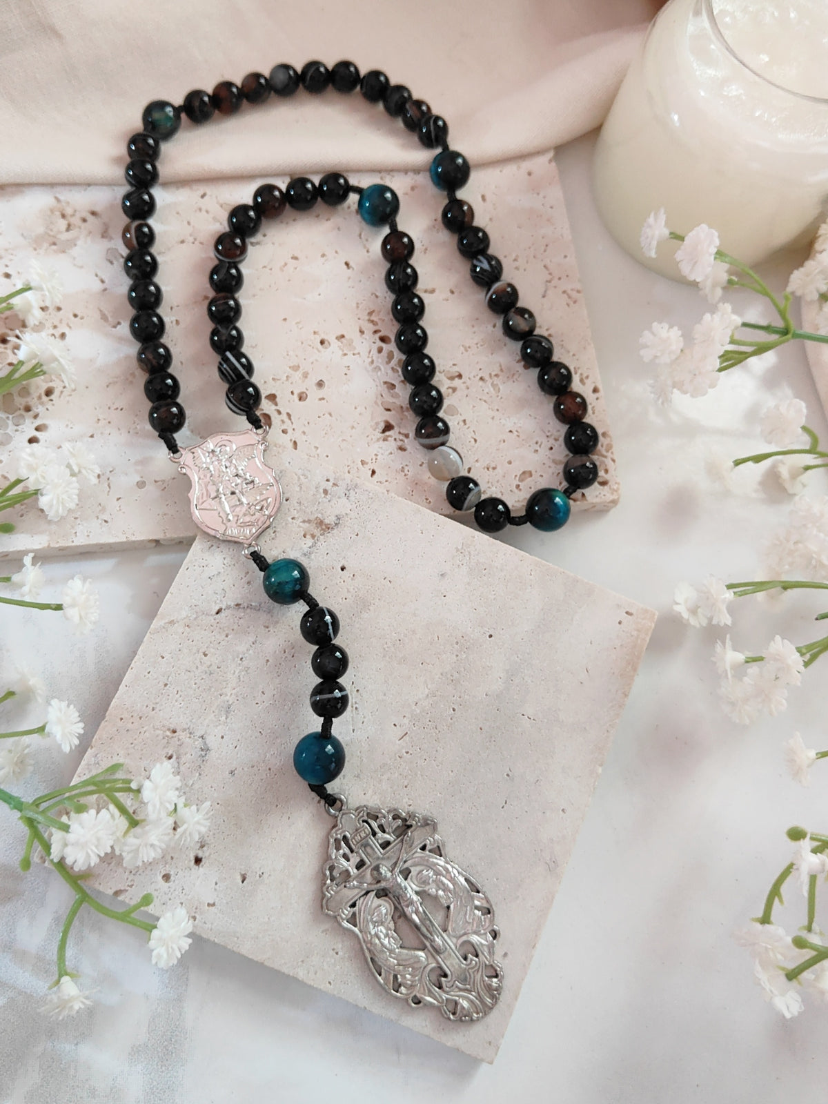 St Michael Celestial Protector Black Agate & Tiger Eye Rosary