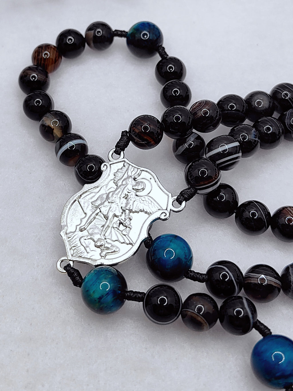 St Michael Celestial Protector Black Agate & Tiger Eye Rosary