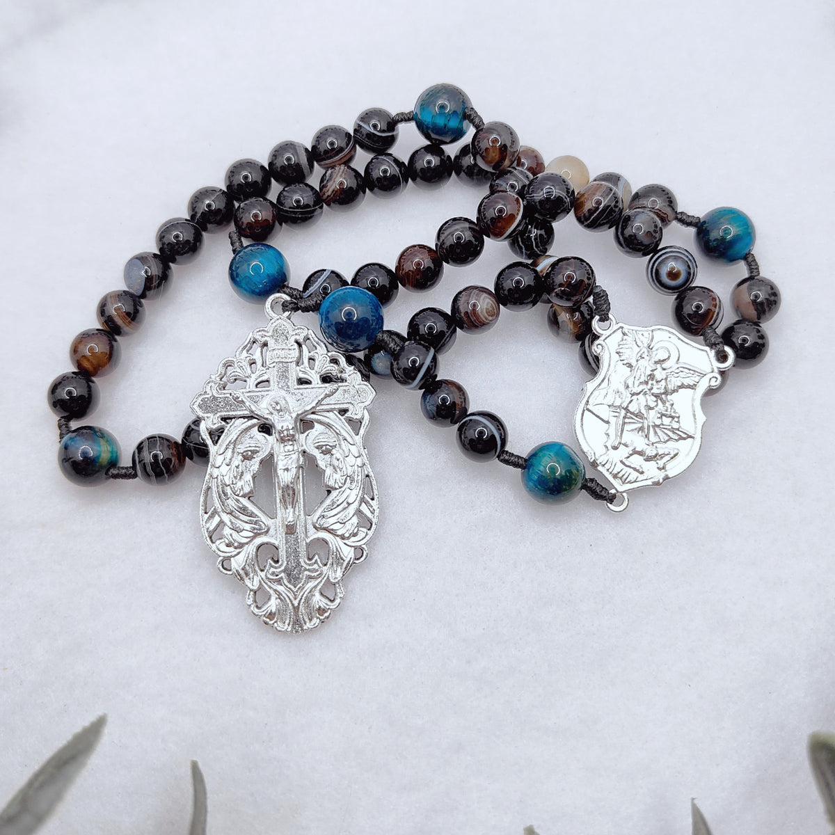 St Michael Celestial Protector Black Agate & Tiger Eye Rosary