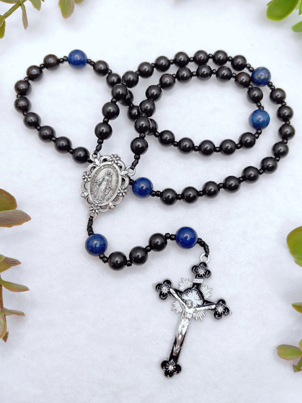 Miraculous Medal Black Ebony Wood & Lapis Lazuli Rosary