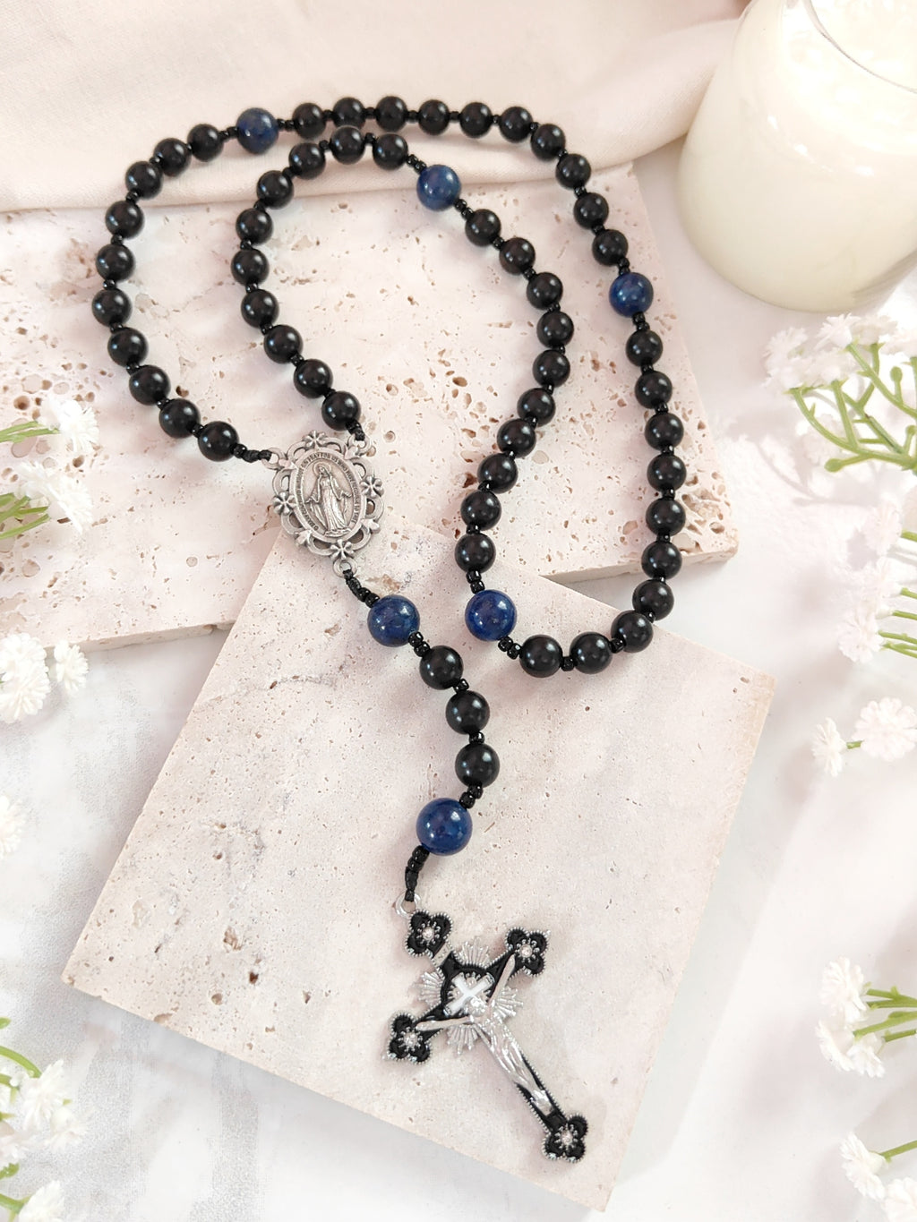Miraculous Medal Black Ebony Wood & Lapis Lazuli Rosary