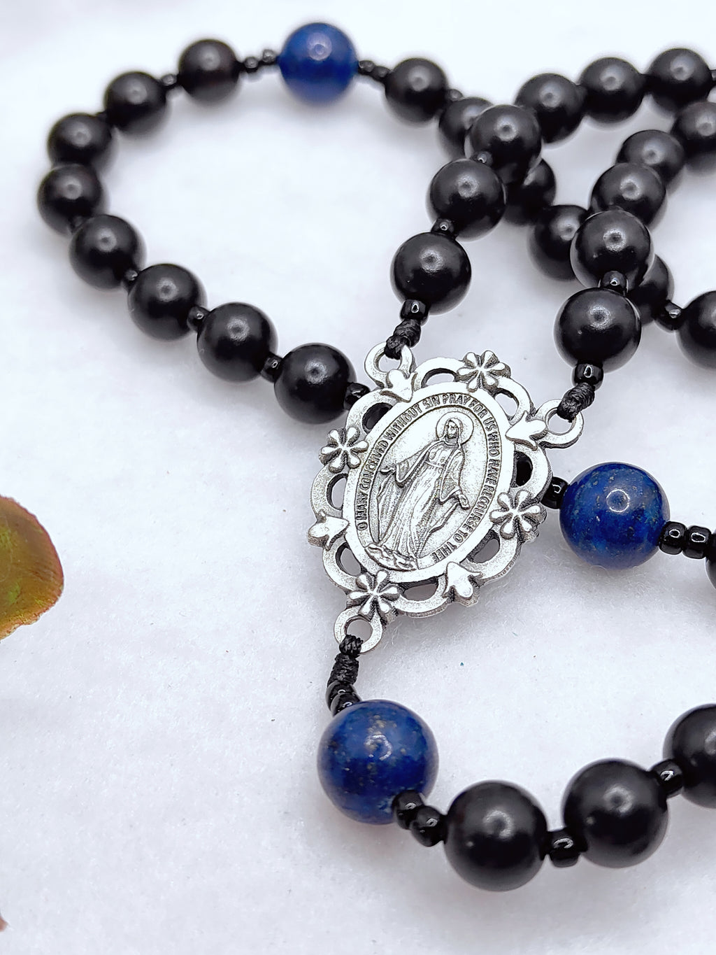 Miraculous Medal Black Ebony Wood & Lapis Lazuli Rosary