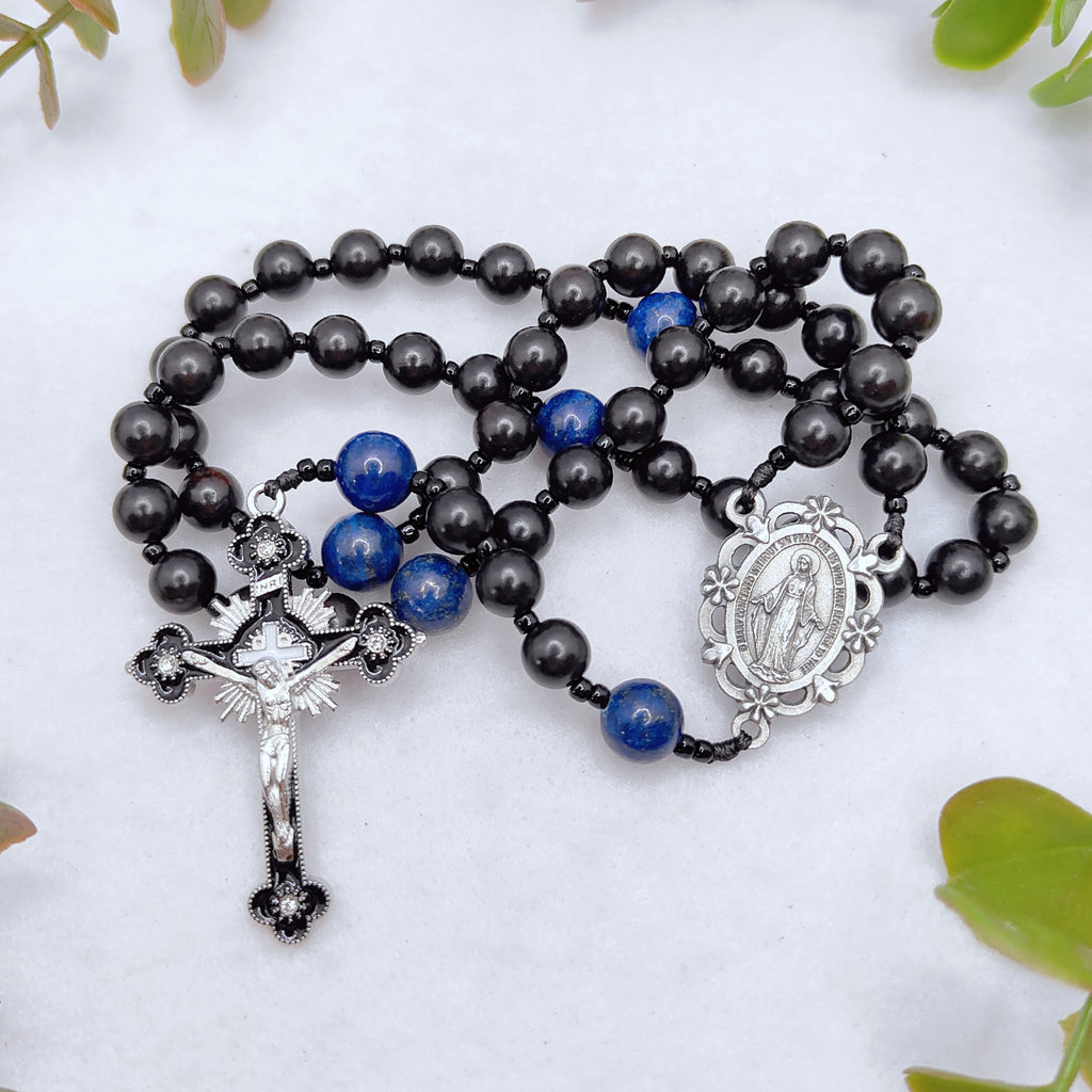 Miraculous Medal Black Ebony Wood & Lapis Lazuli Rosary