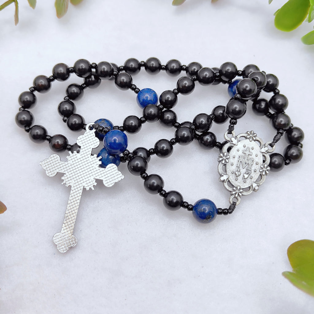 Miraculous Medal Black Ebony Wood & Lapis Lazuli Rosary