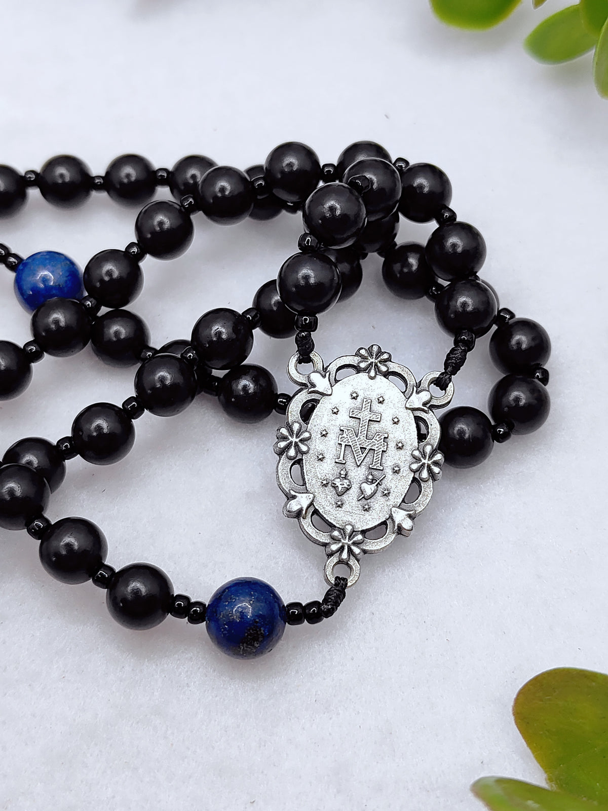 Miraculous Medal Black Ebony Wood & Lapis Lazuli Rosary