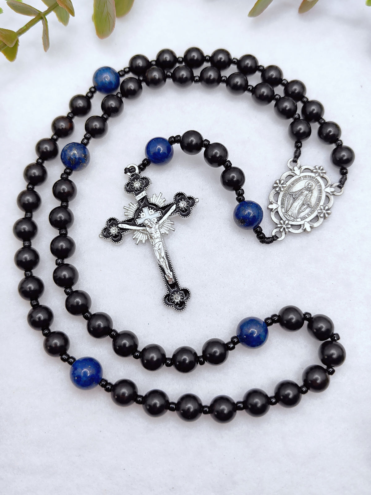 Miraculous Medal Black Ebony Wood & Lapis Lazuli Rosary