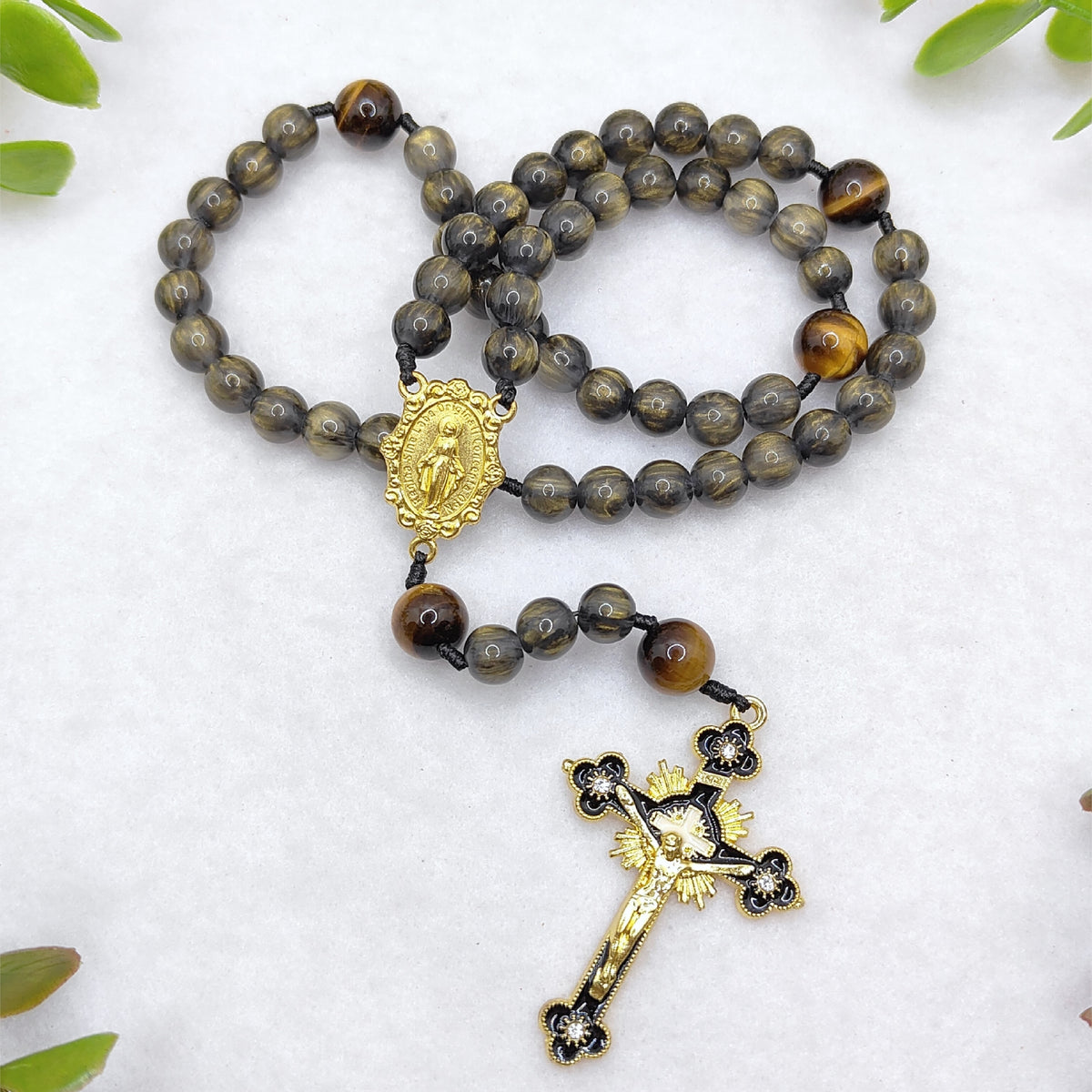Gold Plated Miraculous Medal Obsidian Glass & Tiger Eye Rosary