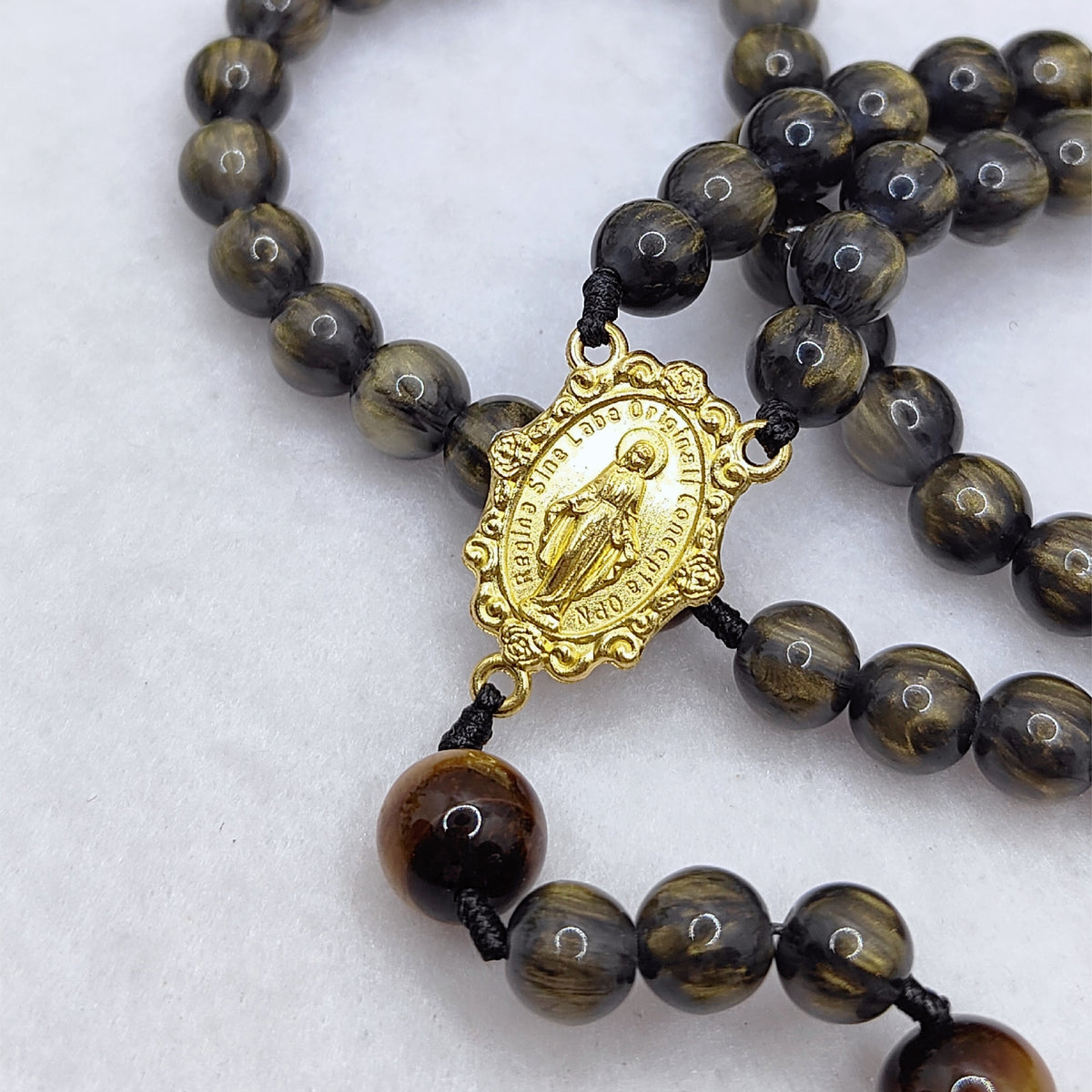 Gold Plated Miraculous Medal Obsidian Glass & Tiger Eye Rosary