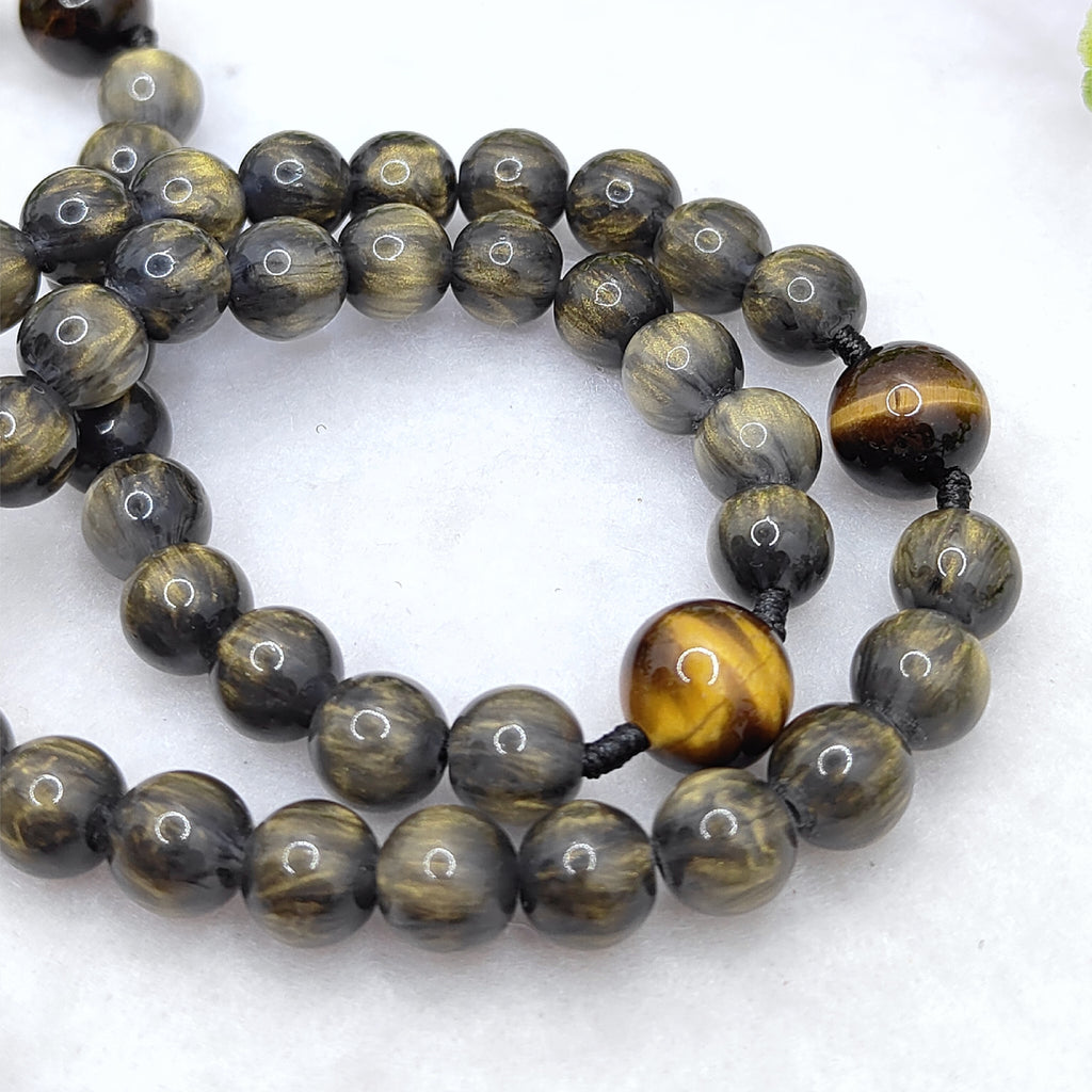 Gold Plated Miraculous Medal Obsidian Glass & Tiger Eye Rosary