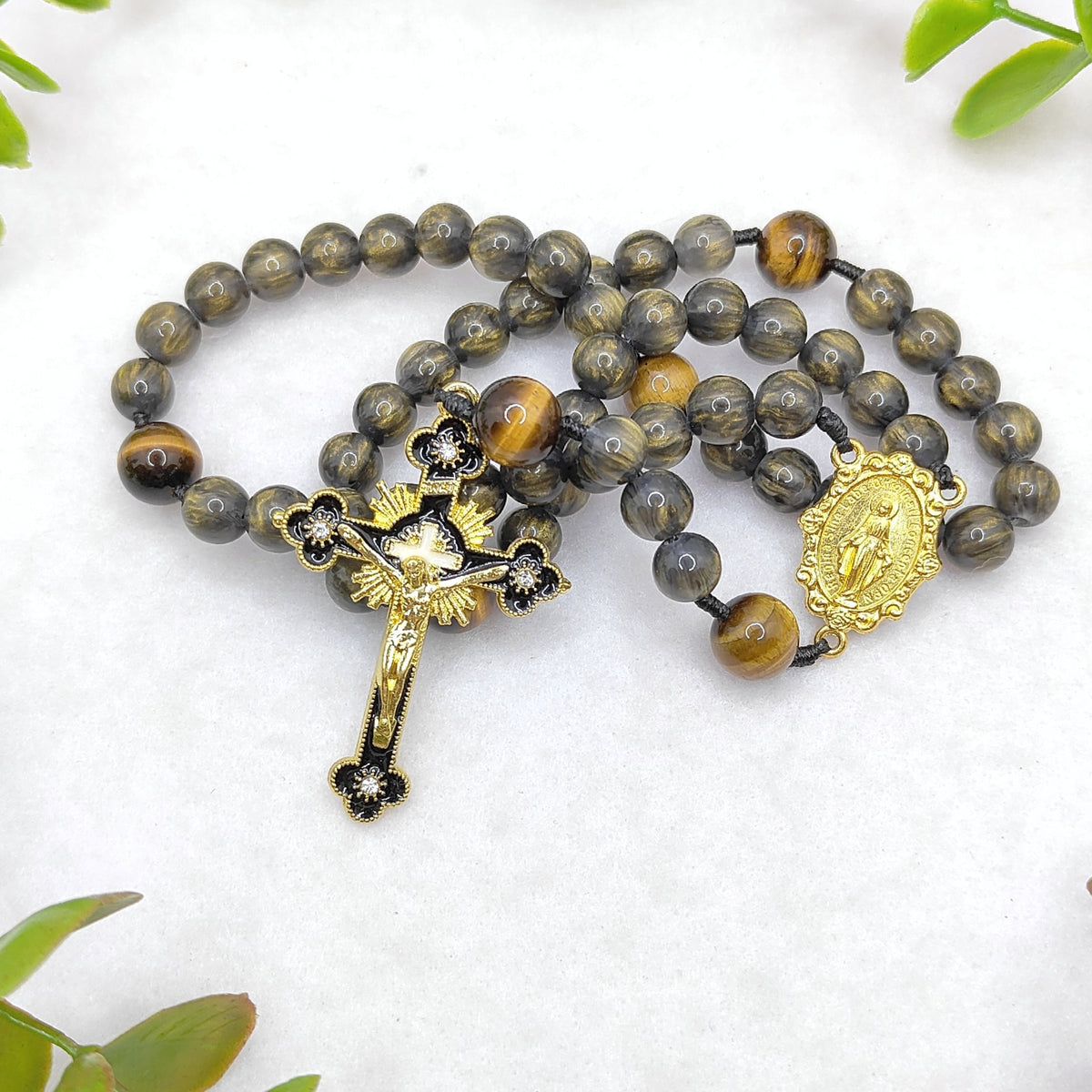 Gold Plated Miraculous Medal Obsidian Glass & Tiger Eye Rosary