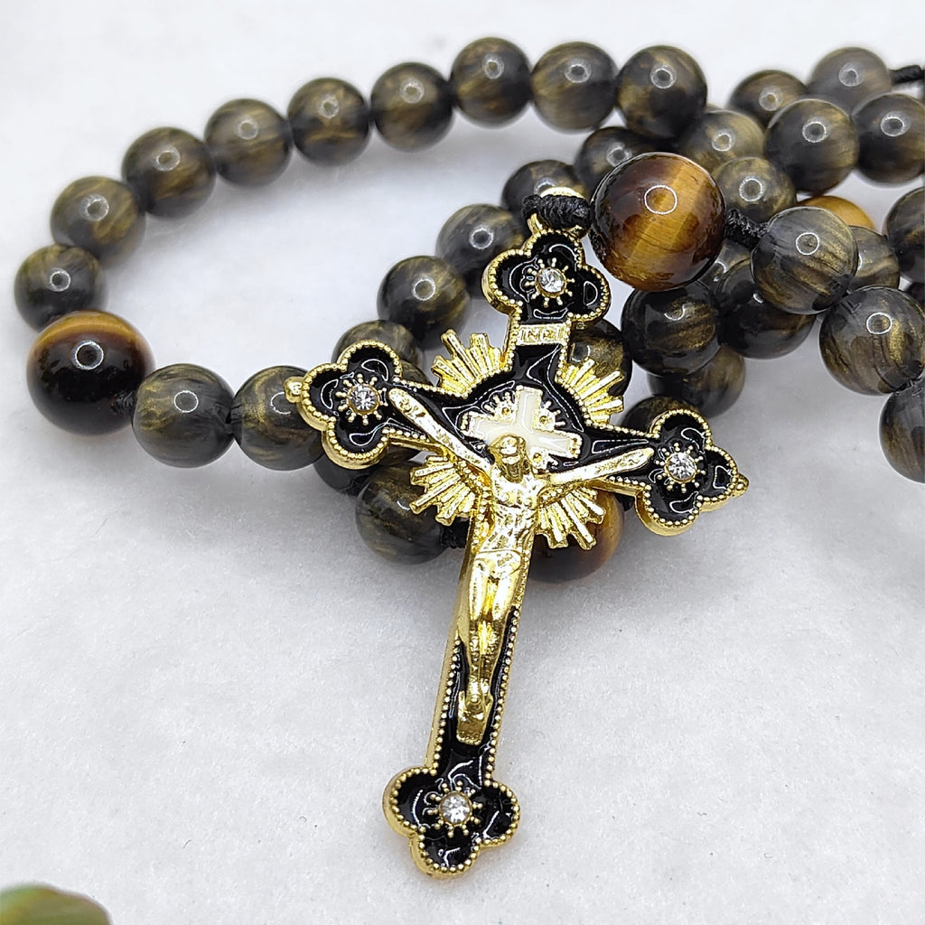 Gold Plated Miraculous Medal Obsidian Glass & Tiger Eye Rosary